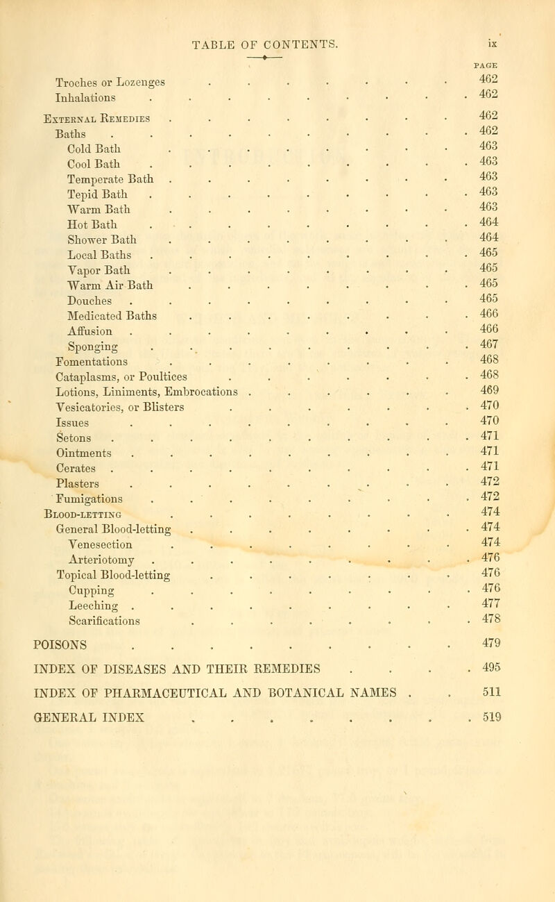 Troches or Lozenges Inhalations External Remedies Baths Cold Bath Cool Bath Temperate Bath Tepid Bath Warm Bath Hot Bath Shower Bath Local Baths Vapor Bath Warm Air Bath Douches Medicated Baths Affusion Sponging Fomentations Cataplasms, or Poultices Lotions, Liniments, Embrocations Vesicatories, or Blisters Issues Setons Ointments Cerates . Plasters Fumigations Blood-letting General Blood-letting Venesection Arteriotomy Topical Blood-letting Cupping Leeching . Scarifications POISONS . . . . INDEX OF DISEASES AND THEIR REMEDIES INDEX OF PHARMACEUTICAL AND BOTANICAL GENERAL INDEX . , . . NAMES
