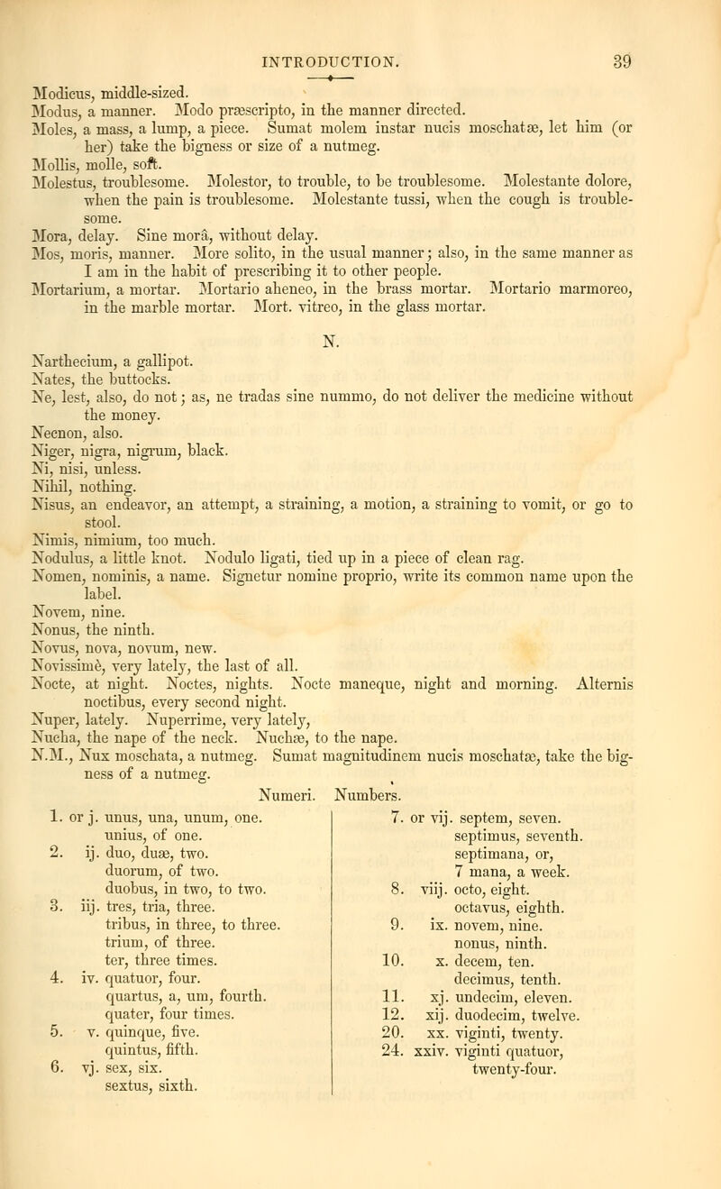 Modicus, middle-sized. Modus, a manner. Modo prsescripto, in the manner directed. Moles, a mass, a lump, a piece. Sumat molem instar nucis moschatae, let him (or her) take the bigness or size of a nutmeg. Mollis, molle, soft. Molestus, troublesome. Molester, to trouble, to be troublesome. Molestante dolore, •when the pain is troublesome. Molestante tussi, when the cough is trouble- some. Mora, delay. Sine mora, without delay. Mos, nioris, manner. More solito, in the usual manner; also, in the same manner as I am in the habit of prescribing it to other people. Mortarium, a mortar. Mortario aheneo, in the brass mortar. Mortario marmoreo, in the marble mortar. Mort. vitreo, in the glass mortar. N. Narthecium, a gallipot. Nates, the buttocks. Ne, lest, also, do not; as, ne tradas sine nummo, do not deliver the medicine without the money. Necnon, also. Niger, nigra, nigrum, black. Ni, nisi, unless. Nihil, nothing. Nisus, an endeavor, an attempt, a straining, a motion, a straining to vomit, or go to stool. Nimis, nimium, too much. Nodulus, a little knot. Nodulo ligati, tied up in a piece of clean rag. Nomen, nominis, a name. Signetur nomine proprio, write its common name upon the label. Novem, nine. Nonus, the ninth. Novus, nova, novum, new. Novissime, very lately, the last of all. Nocte, at night. Noctes, nights. Nocte maneque, night and morning. Alternis noctibus, every second night. Nuper, lately. Nuperrime, very lately, Nucha, the nape of the neck. Nuchse, to the nape. N.M., Nux moschata, a nutmeg. Sumat magnitudinem nucis moschatee, take the big- ness of a nutmeg. Numeri. Numbers. 7. or vij. septem, seven, septimus, seventh, septimana, or, 7 mana, a week. 8. viij. octo, eight, octavus, eighth. 9. ix. novem, nine. 1. or j. unus, una, unum, one. unius, of one. 2. ij. duo, cluae, two. duorum, of two. duobus, in two, to two. 3. iij. tres, tria, three. tribus, in three, to three, trium, of three, ter, three times. 4. iv. quatuor, four. quartus, a, urn, fourth, quater, four times. 5. v. quinque, five. quintus, fifth. 6. vj. sex, six. sextus, sixth. nonus, ninth. 10. x. decern, ten. decimus, tenth. 11. xj. undecim, eleven. 12. xij. duodecim, twelve. 20. xx. viginti, twenty. 24. xxiv. viginti quatuor, twenty-four.