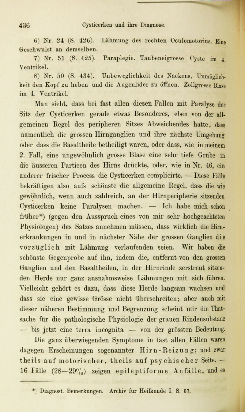 6) Nr. 24 (S. 426). Lähmung des rechten Oculomotorius. Eine Geschwulst an demselben. 7) Nr. 51 (S. 425). Paraplegie. Taubeneigrosse Cyste im 4. Ventrikel. 8) Nr. 50 (S. 434). TJnbeweglichkeit des Nackens, Unmöglich- keit den Kopf zu heben und die Augenlider zu öffnen. Zollgrosse Blase im 4. Ventrikel. Man sieht, dass bei fast allen diesen Fällen mit Paralyse der Sitz der Cysticerken gerade etwas Besonderes, eben von der all- gemeinen Regel des peripheren Sitzes Abweichendes hatte, dass namentlich die gi-ossen Hirnganglien und ihre nächste Umgebung oder dass die Basaltheile betheiligt waren, oder dass, wie in meinem 2. Fall, eine ungewöhnlich grosse Blase eine sehr tiefe Grube in die äusseren Partieen des Hirns drückte, oder, wie in Nr. 46, ein anderer frischer Process die Cysticerken complicirte. — Diese Fälle bekräftigen also aufs schönste die allgemeine Regel, dass die wie gewöhnlich, wenn auch zahlreich, an der Hirnperipherie sitzenden Cysticerken keine Paralysen machen. — Ich habe mich schon früher*) (gegen den Ausspruch eines von mir sehr hochgeachteten Physiologen) des Satzes annehmen müssen, dass wirklich die Hirn- erkrankungen in und in nächster Nähe der grossen Ganglien die vorzüglich mit Lähmung verlaufenden seien. Wir haben die schönste Gegenprobe auf ihn, indem die, entfernt von den grossen Ganglien und den Basaltheilen, in der Hirnrinde zerstreut sitzen- den Herde nur ganz ausnahmsweise Lähmungen mit sich führen. Vielleicht gehört es dazu, dass diese Herde langsam wachsen und dass sie eine gewisse Grösse nicht überschreiten; aber auch mit dieser näheren Bestimmung und Begrenzung scheint mir die That- sache für die pathologische Physiologie der grauen Rindensubstanz — bis jetzt eine terra incognita — von der grössten Bedeutung. Die ganz überwiegenden Symptome in fast allen Fällen waren dagegen Erscheinungen sogenannter Hirn-Reizung; und zwar theils auf motorischer, theils auf psychischer Seite. — 16 Fälle (28—29%) zeigen epileptiforme Anfälle, und es Diagnost. Bemerkungen. Archiv für Heilkunde I, S. 67. J J