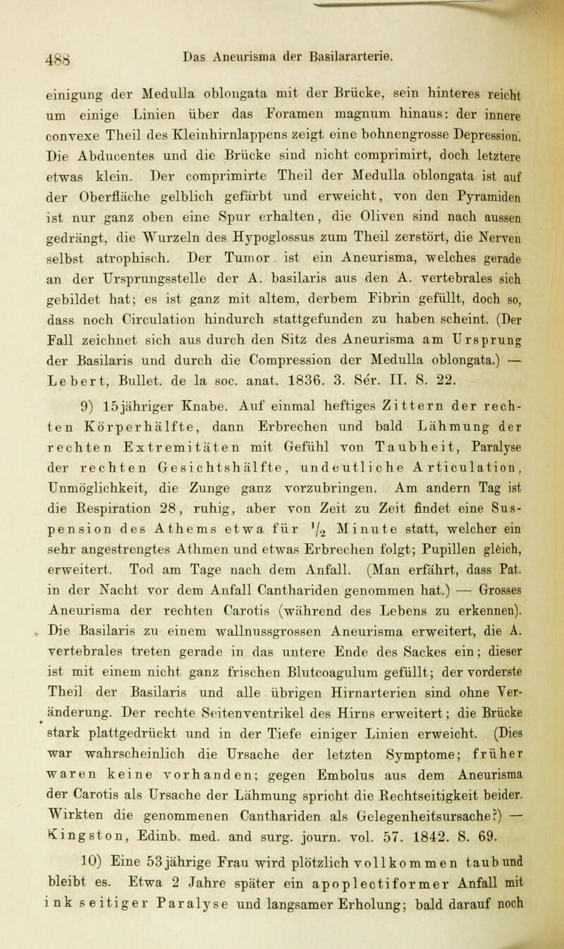 einigung der MediiUa oblongata mit der Brücke, sein hinteres reicht um einige Linien über das Foramen magnum hinaus: der innere convexe Theil des Kleinhirnlappens zeigt eine bohnengrosse Depression. Die Abducentes und die Brücke sind nicht comprimirt, doch letztere etwas klein. Der comprimirte Theil der Medulla oblongata ist auf der Oberfläche gelblich gefärbt und erweicht, tou den Pyramiden ist nur ganz oben eine Spur erhalten, die Oliven sind nach aussen gedrängt, die Wurzeln des Hypoglossus zum Theil zerstört, die Nerven selbst atrophisch. Der Tunior ist ein Aneurisma, welches gerade an der Ursprungsstelle der A. basilaris aus den A. vertebrales sich gebildet hat; es ist ganz mit altem, derbem Fibrin gefüllt, doch so, dass noch Circulation hindurch stattgefunden zu haben scheint. (Der Fall zeichnet sich aus durch den Sitz des Aneurisma am Ursprung der Basilaris und durch die Compression der Medulla oblongata.) — Lebert, Bullet, de la soc. anat. 1836. 3. Ser. II. S. 22. 9) löjähriger Knabe. Auf einmal heftiges Zittern der rech- ten Körperhälfte, dann Erbrechen und bald Lähmung der rechten Extremitäten mit Gefühl von Taubheit, Paralyse der rechten Gesichtshälfte, undeutliche A rticulation, Unmöglichkeit, die Zunge ganz vorzubringen. Am andern Tag ist die Eespiration 28, ruhig, aber von Zeit zu Zeit findet eine Sus- pension des Athems etwa für '/.^ Minute statt, welcher ein sehr angestrengtes Athmen und etwas Erbrechen folgt; Pupillen glfeich, erweitert. Tod am Tage nach dem Anfall. (Man erfährt, dass Pat. in der Nacht vor dem Anfall Canthariden genommen hat.) — Grosses Aneurisma der rechten Carotis (während des Lebens zu erkennen). Die Basilaris zu einem wallnussgrossen Aneurisma erweitert, die A. vertebrales treten gerade in das untere Ende des Sackes ein; dieser ist mit einem nicht ganz frischen Blutcoagulum gefüllt; der vorderste Theil der Basilaris und alle übrigen Hirnarterien sind ohne Ver- änderung. Der rechte Seitenventrikel des Hirns erweitert; die Brücke stark plattgedrückt und in der Tiefe einiger Linien erweicht. (Dies war wahrscheinlich die Ursache der letzten Symptome; früher waren keine vorhanden; gegen Embolus aus dem Aneurisma der Carotis als Ursache der Lähmung spricht die Eechtseitigkeit beider. Wirkten die genommenen Canthariden als Gelegenheitsursache?) — Kingston, Edinb. med. and surg. journ. vol. 57. 1842. S. 69. 10) Eine 53jährige Frau wird plötzlich vollkommen taubund bleibt es. Etwa 2 Jahre später ein apoplectiformer Anfall mit ink seitiger Paralyse und langsamer Erholung; bald darauf noch