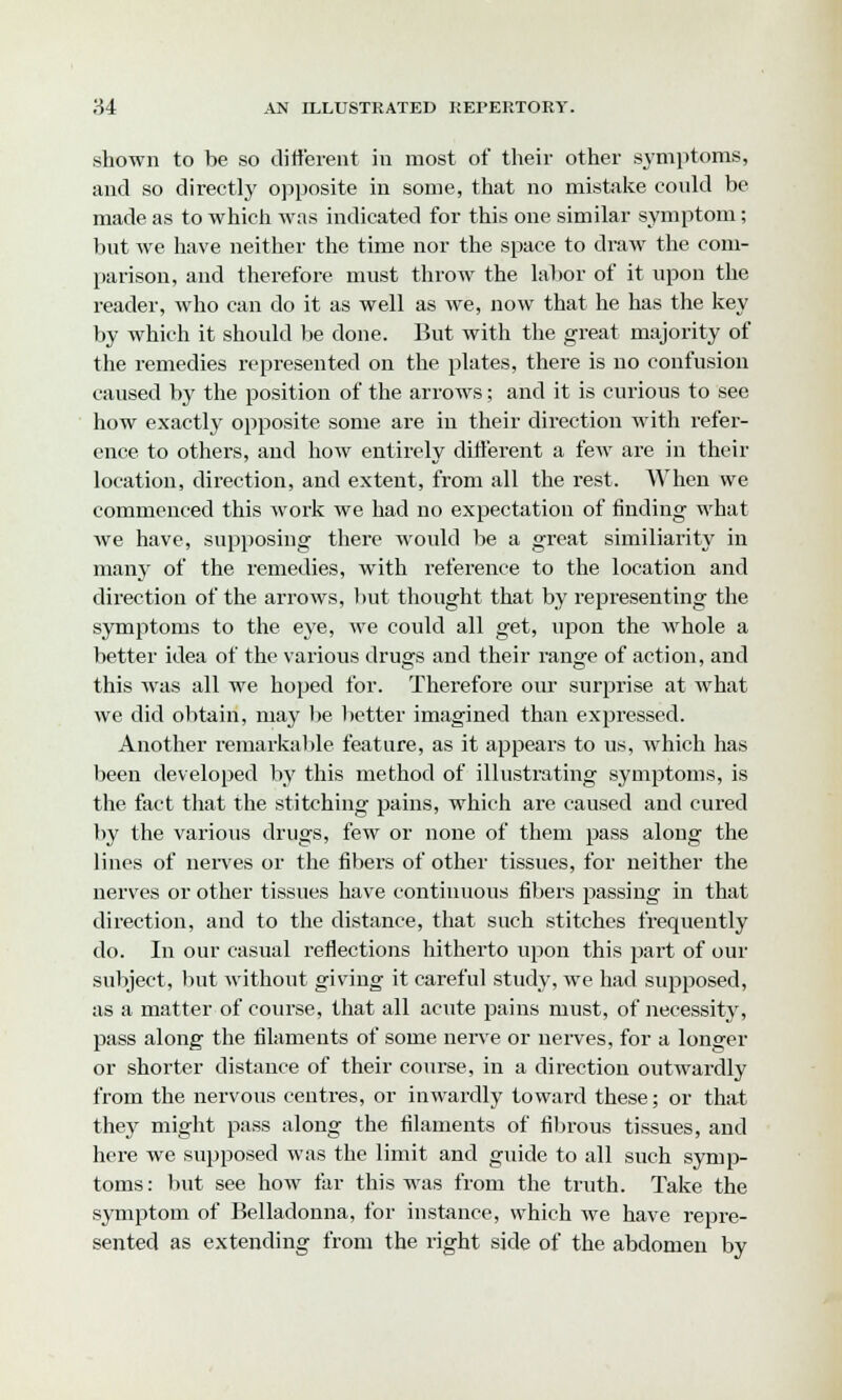 shown to be so different in most of their other symptoms, and so directly opposite in some, that no mistake could be made as to which was indicated for this one similar symptom; but we have neither the time nor the space to draw the com- parison, and therefore must throw the labor of it upon the reader, who can do it as well as we, now that he has the key by which it should be done. But with the great majority of the remedies represented on the plates, there is no confusion caused by the position of the arrows; and it is curious to see how exactly opposite some are in their direction with refer- ence to others, and how entirely different a few are in their location, direction, and extent, from all the rest. When we commenced this work we had no expectation of finding what we have, supposing there would be a great similiarity in many of the remedies, with reference to the location and direction of the arrows, but thought that by representing the symptoms to the eye, we could all get, upon the whole a better idea of the various drugs and their range of action, and this was all we hoped for. Therefore our surprise at what we did obtain, may be better imagined than expressed. Another remarkable feature, as it appears to us, which has been developed by this method of illustrating symptoms, is the fact that the stitching pains, which are caused and cured by the various drugs, few or none of them pass along the lines of nerves or the fibers of other tissues, for neither the nerves or other tissues have continuous fibers passing in that direction, and to the distance, that such stitches frequently do. In our casual reflections hitherto upon this part of our subject, but without giving it careful study, we had supposed, as a matter of course, that all acute pains must, of necessity, pass along the filaments of some nerve or nerves, for a longer or shorter distance of their course, in a direction outwardly from the nervous centres, or inwardly toward these; or that they might pass along the filaments of fibrous tissues, and here we supposed was the limit and guide to all such symp- toms : but see how tar this was from the truth. Take the symptom of Belladonna, for instance, which we have repre- sented as extending from the right side of the abdomen by