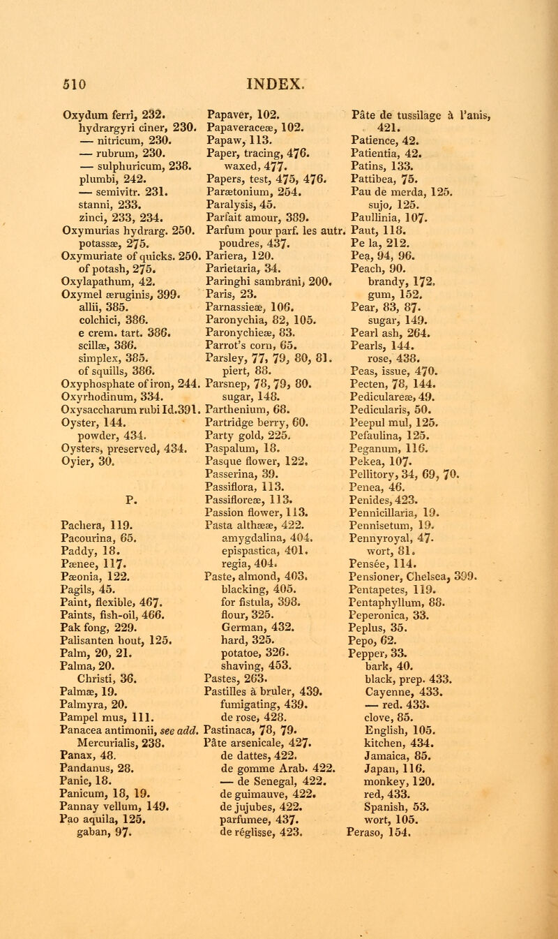 Oxydum ferri, 232. hydrargyri ciner, 230. — nitricum, 230. — rubrum, 230. — sulphuricum, 238. plumbi, 242. — semivitr. 231. stanni, 233. zinci, 233, 234. Oxymurias hydrarg. 250. potassae, 275. Oxymuriate of quicks. 250. of potash, 275. Oxylapathum, 42. Oxymel seruginis, 399. allii, 385. colchici, 386. e crem. tart. 386. scillse, 386. simplex, 385. of squills, 386. Oxy phosphate of iron, 244. Oxyrhodinum, 334. Oxysaccharum rubi Id.391. Oyster, 144. powder, 434. Oysters, preserved, 434. Oyier, 30. Pachera, 119. Pacourina, 65. Paddy, 18. Psenee, 117. Pseonia, 122. Pagils, 45. Paint, flexible, 467. Paints, fish-oil, 466. Pak fong, 229. Palisanten hout, 125. Palm, 20, 21. Palma, 20. Christi, 36. Palmse, 19. Palmyra, 20. Pampel mus, 111. Panacea antimonii, see add. Mercurialis, 238. Panax, 48. Pandanus, 28. Panic, 18. Panicum, 18, 19. Pannay vellum, 149. Pao aquila, 125. gaban, 97. Papaver, 102. Papaveracese, 102. Papaw,113. Paper, tracing, 476. waxed, 477« Papers, test, 475, 476. Paraetonium, 254. Paralysis, 45. Parfait amour, 389. Parfum pour parf. les autr, poudres, 437. Pariera, 120. Parietaria, 34. Paringhi sambranij 200. Paris, 23. Parnassieae, 106. Paronychia, 82, 105. Paronychieae, 83. Parrot's corn, 65. Parsley, 77, 79, 80, 81. piert, 88. Parsnep, 78,79, 80. sugar, 148. Parthenium, 68. Partridge berry, 60. Party gold, 225. Paspalum, 18. Pasque flower, 122, Passerina, 39. Passiflora, 113. Passifloreae, 113. Passion flower, 113. Pasta althseae, 422. amygdalina, 404. epispastica, 401. regia, 404. Paste, almond, 403. blacking, 405. for fistula, 398. flour, 325. German, 432. hard, 325. potatoe, 326. shaving, 453. Pastes, 263. Pastilles a bruler, 439. fumigating, 439. de rose, 428. Pastinaca, 78, 79. Pate arsenicale, 427. de dattes, 422. de gomme Arab. 422. — de Senegal, 422. de guimauve, 422. de jujubes, 422. parfumee, 437. de reglisse, 423. Pate de tussilage a I'anis, 421. Patience, 42. Patientia, 42. Patins, 133. Pattibea, 75. Pau de merda, 125. sujo, 125. Paullinia, 107. Paut, 118. Pe la, 212. Pea, 94, 96. Peach, 90. brandy, 172, gum, 152. Pear, 83, 87. sugar, 149. Pearl ash, 264. Pearls, 144. rose, 438. Peas, issue, 470. Pecten, 78, 144. Pedicularess, 49. Pedicularis, 50. Peepul mul, 125. Pefaulina, 125. Peganum, 116. Pekea, 107- Pellitory, 34, 69, 70. Penea, 46. Penides,423. Pennicillaria, 19. Pennisetum, 19. Pennyroyal, 47- wort, 81. Pensee, 114. Pensioner, Chelsea, 399. Pentapetes, 119. Pentaphyllum, 88. Peperonica, 33. Peplus, 35. Pepo, 62. Pepper, 33. bark, 40. black, prep. 433. Cayenne, 433. — red. 433. clove, 85. English, 105. kitchen, 434. Jamaica, 85. Japan, 116. monkey, 120. red, 433. Spanish, 53. wort, 105. Peraso, 154.