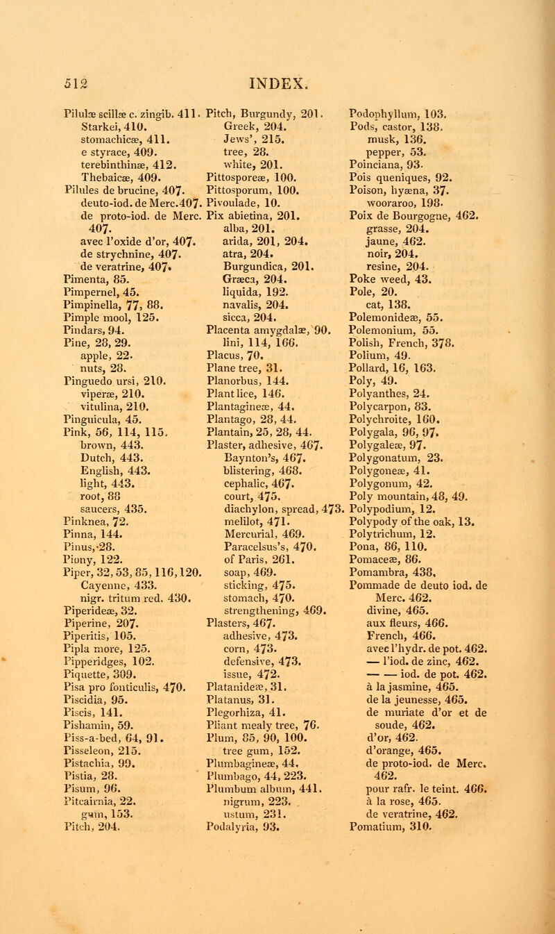 Pilulse scillse c. zingib. 411. Starkei, 410. stomachicee, 411. e sty race, 409. terebinthinae, 412. Thebaicse, 409. Pilules de brucine, 407. deuto-iod. de Merc.407- de proto-iod. de Merc. 407. avec l'oxide d'or, 407. de strychnine, 407. de veratrine, 407« Pimenta, 85. Pimpernel, 45. Pimpinella, 77, 88. Pimple mool, 125. Pindars, 94. Pine, 28, 29. apple, 22. nuts, 28. Pinguedo ursi, 210. viperse, 210. vitulina, 210. Pinguecula, 45. Pink, 56, 114, 115. brown, 443. Dutch, 443. English, 443. light, 443. root, 88 saucers, 435. Pinknea, 72. Pinna, 144. Pinus,-28. Piony, 122. Piper, 32,53, 85,116,120. Cayenne, 433. nigr. tritum red. 430. Piperidese, 32. Piperine, 207- Piperitis, 105. Pipla more, 125. Pipperidges, 102. Piquette, 309. Pisa pro fonticulis, 470. Piscidia, 95. Piscis, 141. Pishamin, 59. Piss-a-bed, 64, 91. Pisseleon, 215. Pistachia, 99. Pistia, 28. Pisum, 96. Piteairnia, 22. gvnn, 153. Pitch, 204. Pitch, Burgundy, 201. Greek, 204. Jews', 215. tree, 28. white, 201. Pittosporeae, 100. Pittosporum, 100. Pivoulade, 10. Pix abietina, 201. alba, 201. arida, 201, 204. atra, 204. Burgundica, 201. Graeca, 204. liquida, 192. navalis, 204. sicca, 204. Placenta amygdalae, 90. lini, 114, 166. Placus, 70. Plane tree, 31. Planorbus, 144. Plant lice, 146. Plantaginece, 44. Plantago, 28, 44. Plantain, 25, 28, 44. Plaster, adhesive, 467. Baynton's, 467. blistering, 468. cephalic, 467. court, 475. diachylon, spread, 473. rnelilot, 471. Mercurial, 469. Paracelsus's, 470. of Paris, 261. soap, 469. sticking, 475. stomach, 470. strengthening, 469. Plasters, 467. adhesive, 473. corn, 473. defensive, 473. issue, 472. Platanideae,31. Platanus, 31. Plegorhiza, 41. Pliant mealy tree, 76. Plum, 85, 90, 100. tree gum, 152. Plumbagineae, 44. Plumbago, 44, 223. Plumbum album, 441. nigrum, 223. usturri, 231. Potlalyria, 93. Podophyllum, 103. Pods' castor, 138. musk, 136. pepper, 53. Poinciana, 93. Pois queniques, 92. Poison, hyaena, 37. wooraroo, 198. Poix de Bourgogne, 462. grasse, 204. jaune, 462. noir, 204. resine, 204. Poke weed, 43. Pole, 20. cat, 138. Polemonideae, 55. Polemonium, 55. Polish, French, 378. Polium, 49. Pollard, 16, 163. Poly, 49. Polyanthes, 24. Polycarpon, 83. Polychroite, 160. Polygala, 96, 97. Polygaleae, 97. Polygonatum, 23. Polygoneae, 41. Polygonum, 42. Poly mountain, 48, 49. Polypodium, 12. Polypody of the oak, 13. Polytrichum, 12. Pona, 86, 110. Pomaceas, 86. Pomambra, 438, Pommade de deuto iod. de Merc. 462. divine, 465. aux fleurs, 466. French, 466. avecl'hydr. de pot. 462. — l'iod. de zinc, 462. iod. de pot. 462. a la jasmine, 465. de la jeunesse, 465. de muriate d'or et de soude, 462. d'or, 462. d'orange, 465. de proto-iod. de Merc. 462. pour rafr. le teint. 466. a la rose, 465. de veratrine, 462. Pomatium, 310.