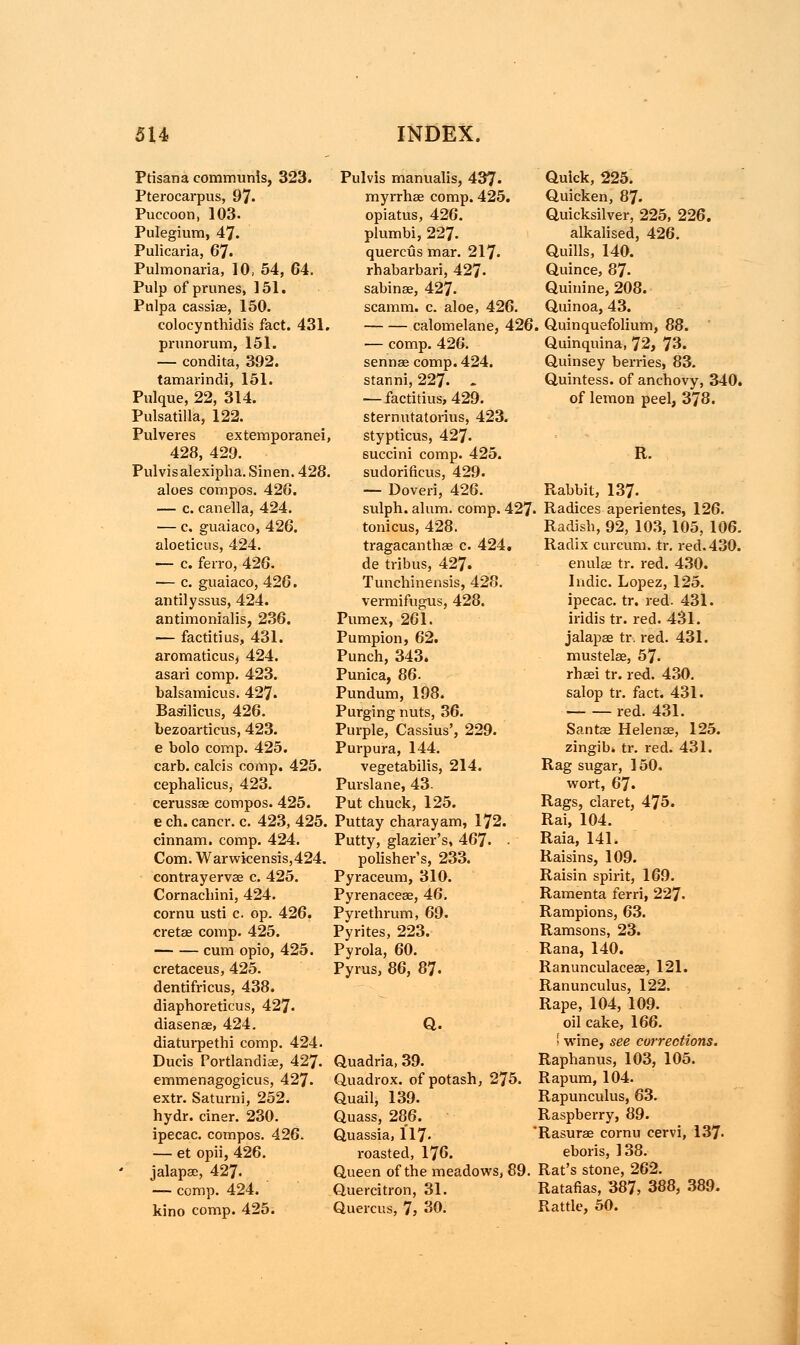 Ptisan a communis, 323. Pterocarpus, 97- Puccoon, 103. Pulegium, 47. Pulicaria, 67. Pulmonaria, 10, 54, 64. Pulp of prunes, 151. Pnlpa cassiae, 150. colocynthidis fact. 431. prunorum, 151. — condita, 392. tamarindi, 151. Pulque, 22, 314. Pulsatilla, 122. Pulveres extemporanei, 428, 429. Pulvisalexipha. Sinen. 428. aloes compos. 426. — c. canella, 424. — c. guaiaco, 426. aloeticus, 424. — c. ferro, 426. — c. guaiaco, 426. antilyssus, 424. antimonialis, 236. — factitius, 431. aromaticus, 424. asari comp. 423. balsamicus. 427. Basilieus, 426. bezoarticus, 423. e bolo comp. 425. carb. calcis comp. 425. cephalicus, 423. cerussae compos. 425. e ch. cancr. c. 423, 425. cinnam. comp. 424. Com. Warwicensis,424. contrayervae c. 425. Cornacbini, 424. cornu usti c op. 426. cretse comp. 425. cum opio, 425. cretaceus, 425. dentifricus, 438. diaphoreticus, 427. diasenae, 424. diaturpethi comp. 424. Ducis Porflandiae, 427. emmenagogicus, 427. extr. Saturni, 252. hydr. ciner. 230. ipecac, compos. 426. — et opii, 426. jalapae, 427. — comp. 424. kino comp. 425. Pulvis manualis, 437« myrrhae comp. 425. opiatus, 426. plumbi, 227. quercus mar. 217- rhabarbari, 427. sabinae, 427. scamm. c. aloe, 426. calomelane, 426 — comp. 426. sennae comp. 424. stanni, 227. ~ — factitius, 429. sternutatorius, 423. stypticus, 427. succini comp. 425. sudorificus, 429. — Doveri, 426. sulph. alum. comp. 427- tonicus, 428. tragacanthae c. 424. de tribus, 427. Tuncbinensis, 428. vermifugus, 428. Pumex, 261. Pumpion, 62. Punch, 343. Punica, 86. Pundum, 198. Purging nuts, 36. Purple, Cassius', 229. Purpura, 144. vegetabilis, 214. Purslane, 43. Put chuck, 125. Puttay charayam, 172. Putty, glazier's, 467. • polisher's, 233. Pyraceum, 310. Pyrenacea?, 46. Pyrethrum, 69. Pyrites, 223. Pyrola, 60. Pyrus, 86, 87. Quick, 225. Quicken, 87. Quicksilver, 225, 226. alkalised, 426. Quills, 140. Quince, 87. Quinine, 208. Quinoa, 43. Quinquefolium, 88. Quinquina, 72, 73. Quinsey berries, 83. Quintess. of anchovy, 340. of lemon peel, 378. Q. Quadria, 39. Quadrox. of potash, 275. Quail, 139. Quass, 286. Quassia, 117* roasted, 176. Queen of the meadows, 89. Quercitron, 31. Quercus, 7, 30. R. Rabbit, 137. Radices aperientes, 126. Radish, 92, 103,105, 106. Radix curcum. tr. red. 430. enulae tr. red. 430. Indie. Lopez, 125. ipecac, tr. red. 431. iridis tr. red. 431. jalapae tr. red. 431. mustelae, 57. rhaei tr. red. 430. salop tr. fact. 431. red. 431. Santae Helenae, 125. zingib. tr. red. 431. Rag sugar, 150. wort, 67. Rags, claret, 475. Rai, 104. Raia, 141. Raisins, 109. Raisin spirit, 169. Ramenta ferri, 227. Rampions, 63. Ramsons, 23. Rana, 140. Ranunculaceas, 121. Ranunculus, 122. Rape, 104, 109. oil cake, 166. I wine, see corrections. Raphanus, 103, 105. Rapum, 104. Rapunculus, 63. Raspberry, 89. Rasurae cornu cervi, 137- eboris, 138. Rat's stone, 262. Ratafias, 387, 388, 389. Rattle, 50.