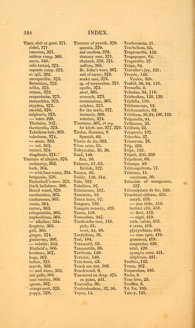 Tinct. rhel et gent. 371. ricini, 371 • rosarum, 321. sabinae comp. 368. sacra, 346. salis tartan, 373. saponis comp. 372. et opii, 362. sarsaparillse, 373. Saturnina, 372. scillse, 373. sennae, 372. serpentariae, 373. stomachica, 373. styptica, 373. succini, 376. sulphuris, 373. — vol at. 220. Thebaica, 347. fheriacalis, 373. Toluiferae bals. 362. Valeriana?, 374. — amm. 352. — vol. 352. veratri, 374. zingiberis, 374. Tincture of allspice, 376. antimony, 362. bark, 364. — with lime water, 334. benjamin, 376. BestuchefF's nerv. 375. black hellebore, 366. Brazil wood, 379. cantharides, 363. cardamoms, 363. cassia, 364. castor, 363. coloquintida, 365. euphorbium, 365. — alkaline, 334. foxglove, 365. gall, 365. ginger, 374. guaiacum, 366. — volatile, 352. Hatfield's, 366. henbane, 367. hops, 367. iodine, 375. myrrh, 368. — and aloes, 363. nut galls, 366. mix vomica, 369. opium, 367- orange peel, 378. poppy, 370. Tincture of pyreth. 370. quassia, 370. red sanders, 379. rhatany root, 371. rhubarb, 370, 371. saffron, 365. St. John's wort, 367. salt of tartar, 373. snake root, 373. sp. of turpentine, 375. squills, 373. steel, 365. stomach, 373. stramonium, 365. sulphur, 373. for the teeth, 377. turmeric, 380. valerian, 374. Tinctures, 361, et seq. forkitch.use.377, 378. Tinder, German, 9. Spanish, 66. Tisane de ris, 323. Titan cotte, 58. Tithymalus, 35, 36. Toad, 140. flax, 50. Tobacco, 51,62. British, 127. Tococa, 86. Toddy, 149, 314. Tolu, 197- Toluifera, 97- Tolutanum, 197. Tomatoes, 52. Tonca bean, 97« Tongues, 132. Tonquin remedy, 428. Toona, 110. Toorushoo, 247. Tooth-ache tree, 116. pick, 81. wort, 44, 50. Tordylium, 81. Tori, 104. Tormentil, 88. Tormentilla, 88. Tortivum, 149. Tortoise, 140. Tota bona, 43. Touch me not, 108. Touchwood, 9. Tournesol en drap. 475. en pains, 441. Touroulin, 86. Toxicodendron, 37, 98. Toyes, 14. Tradescantia, 21. Trachelium, 63. Tragacantha, 152. Tragopogon, 64. Tragorchis, 27. Trapa, 84. Traveller's joy, 121. Treacle, 148. Venice, 395. Trefoil, 56, 94, 116. Tremella, 8. Tribulus, 84, 116. Trichechus, 138, 139. Trichilia, 110. Trichomanes, 12. Trichosanthes, 62. Trifolium, 56,94,108,122. Trigonella, 94. Trilliacese, 23. Trillium, 23. Triopteris, 107. Triorchis, 27- Triosteum, 76. Trip, 232. Tripe, 132. Tripoli, 256, 259. Tripolium, 66. Trissago, 49. Triticospeltum, 17- Triticum, 15. vaccinum, 50. Tritoxide of manganese, 237. Tritosulphate de fer, 249. Troschisci althaea?, 418. amyli, 418. . — sine iride, 418. bechici albi, 418. — flavi, 418. — nigri, 419. carb. calcis, 418. e creta, 418. glycyrrhizas, 419. — cum opio, 419. gummosi, 419. magnesias, 420. nitri, 420. spongia? ustae, 421. sulphuris, 421. Trollius^m. Trona, 267- Tropceolum, 108. Trubs, 8. True love, 23. Truffles, 8. Tsi Xu, 108. Tsin-y, 121.