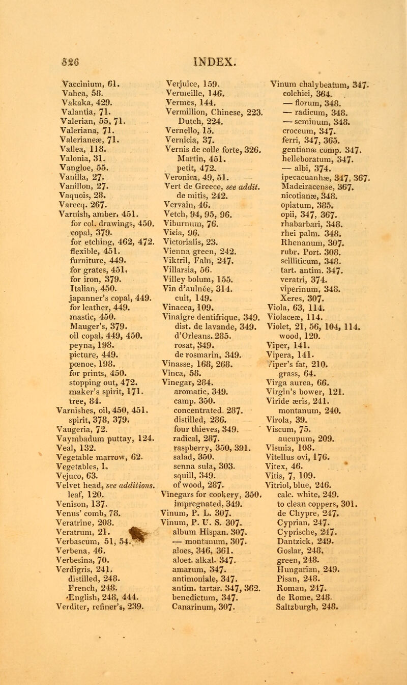 Vaccinium, 61. Vahea, 58. Vakaka, 429. Valantia, 71- Valerian, 55, 71. Valeriana, 71 • Valerianeae, 71. Vallea, 118. Valonia, 31. Vangloe, 55. Vanilla, 27- Vanillon, 27. Vaquois, 28. Varecq. 267- Varnish, amber, 451. for col. drawings, 450. copal, 379. for etching, 462, 472. flexible, 451. furniture, 449. for grates, 451. for iron, 379. Italian, 450. japanner's copal, 449. for leather, 449. mastic, 450. Mauger's, 379. oil copal, 449, 450. peyna, 198. picture, 449. poenoe, 198. for prints, 450. stopping out, 472. maker's spirit, 171. tree, 84. Varnishes, oil, 450, 451. spirit, 378, 379. Vaugeria, 72. Vayrnbadum puttay, 124. Veal, 132. Vegetable marrow, 62. Vegetables, L Vejuco, 63. Velvet head, see additions. leaf, 120. Venison, 137. Venus' comb, 78. Veratrine, 208. Veratrum, 21. ife^ Verbascum, 51, 54.^^ Verbena, 46. Verbesina, 70. Verdigris, 241. distilled, 248. French, 248. -English, 248, 444. Verditer, refiner's, 239. Verjuice, 159- Vermeille, 146. Vermes, 144. Vermillion, Chinese, 223. Dutch, 224. Vernello, 15. Vernicia, 37. Vernis de colle forte, 326. Martin, 451. petit, 472. Veronica, 49, 51. Vert de Greece, see addit. de mitis, 242. Vervain, 46. Vetch, 94, 95, 96. Viburnum, 76. Vieia, 96. Victorialis, 23. Vienna green, 242. Viktril, Fain, 247. Villarsia, 56. Villey bolum, 155. Vin d'aulnee, 314. cuit, 149. Vinacea, 109. Vinaigre dentifrique, 349. dist. de lavande, 349. d'Orleans, 285. rosat, 349. de rosmarin, 349. Vinasse, 168, 268. Vinca, 58. Vinegar, 284. aromatic, 349. camp. 350. concentrated. 287- distilled, 286. four thieves, 349. radical, 287- raspberry, 350, 391. salad, 350. senna sula, 303. squill, 349. of wood, 287- Vinegars for cookery, 350. impregnated, 349. Vinum, P. L. 307. Vinum, P. U. S. 307- album Hispan. 307. — montanum, 307- aloes, 346, 361. aloet. alkal. 347. amarum, 347. antimoniale, 347- antim. tartar. 347, 362. benedictum, 347. Canarinum, 307- Vinum chalybeatum, 347. colchici, 364. — florum, 348. — radicum, 348. — seminum, 348. croceum, 347. ferri, 347, 365. gentianae comp. 347. helleboratum, 347. — albi, 374. ipecacuanhae, 347, 367- Madeiracense, 367. nicotianae, 348. opiatum, 385. opii, 347, 367. rhabarbari, 348. rhei palm. 348. Rhenanum, 307. rubr. Port. 308. scilliticum, 348. tart, antim. 347. veratri, 374. viperinum, 348. Xeres, 307. Viola, 63, 114. Violaceae, 114. Violet, 21,56, 104,114. wood, 120. Viper, 141. Vipera, 141. /iper's fat, 210. grass, 64. Virga aurea, 66. Virgin's bower, 121. Viride aeris, 241. montanum, 240. Virola, 39. Viscum, 75. aucupum, 209. Vismia, 108. Vitellus ovi, 176. Vitex, 46. Vitis, 7, 109. Vitriol, blue, 246. calc. white, 249. to clean coppers, 301. de Chypre, 247. Cyprian, 247. Cyprische, 247. Dantzick, 249. Goslar, 248. green, 248. Hungarian, 249. Pisan, 248. Roman, 247. de Rome, 248. Saltzburgh, 248.