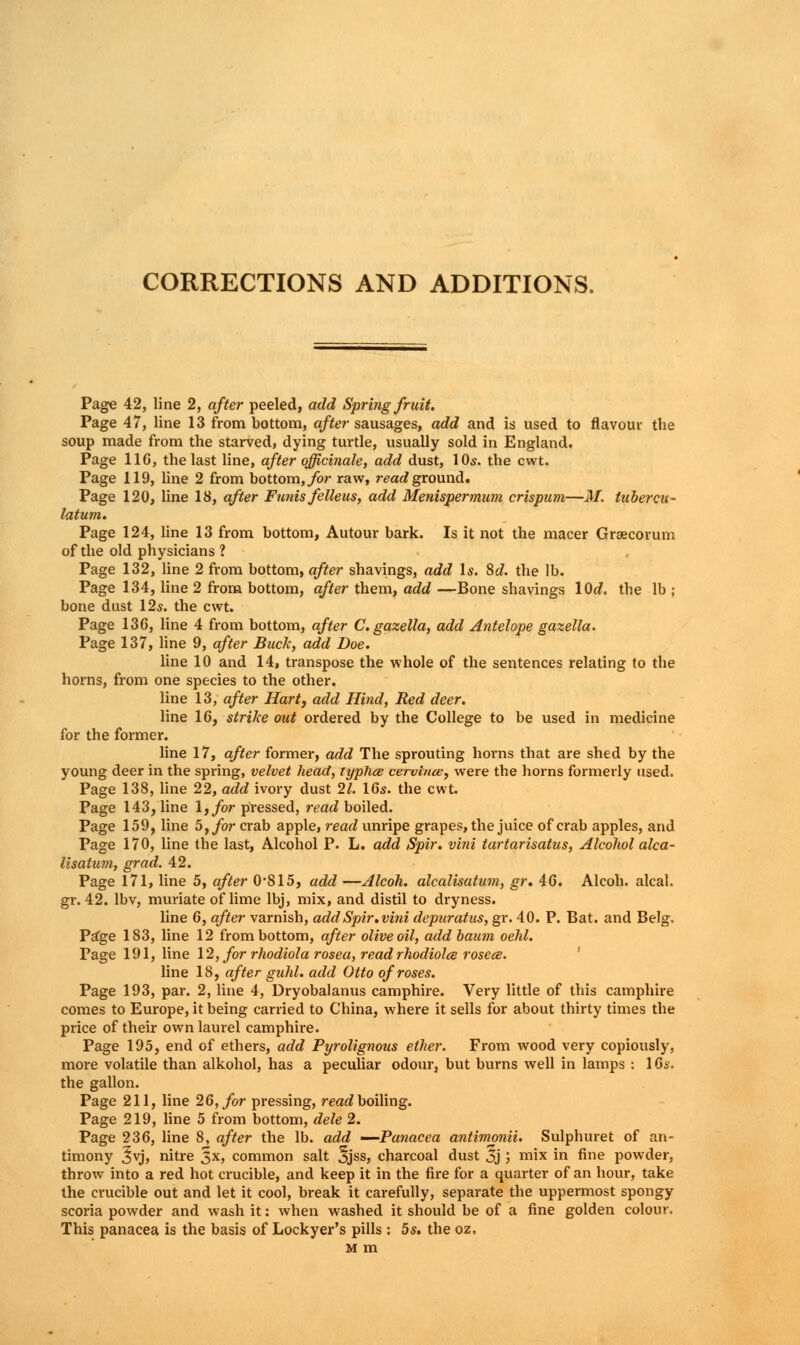 CORRECTIONS AND ADDITIONS. Page 42, line 2, after peeled, add Spring fruit. Page 47, line 13 from bottom, after sausages, add and is used to flavour the soup made from the starved, dying turtle, usually sold in England. Page 11G, the last line, after officinale, add dust, 10s. the cwt. Page 119, line 2 from bottom, for raw, read ground. Page 120, line 18, after Funis felleus, add Menispermum crisptcm—M. tubercu- latum. Page 124, line 13 from bottom, Autour bark. Is it not the macer Grsecorum of the old physicians ? Page 132, line 2 from bottom, after shavings, add Is. 8d. the lb. Page 134, line 2 from bottom, after them, add —Bone shavings lOd. the lb ; bone dust 12s. the cwt. Page 136, line 4 from bottom, after C. gazella, add Antelope gazella. Page 137, line 9, after Buck, add Doe. line 10 and 14, transpose the whole of the sentences relating to the horns, from one species to the other. line 13, after Hart, add Hind, Red deer. line 16, strike out ordered by the College to be used in medicine for the former. line 17, after former, add The sprouting horns that are shed by the young deer in the spring, velvet head, typlice cervtoue, were the horns formerly used. Page 138, line 22, add ivory dust 21. 16s. the cwt. Page 143, line 1, for pressed, read boiled. Page 159, line 5, for crab apple, read unripe grapes, the juice of crab apples, and Page 170, line the last, Alcohol P. L. add Spir. vini tartarisatus, Alcohol alca- lisatum, grad. 42. Page 171, line 5, after 0-815, add —Alcoh. alcalisatum, gr. 46. Alcoh. alcal, gr. 42. lbv, muriate of lime lbj, mix, and distil to dryness. line 6, after varnish, add Spir.vini depuratus, gr. 40. P. Bat. and Belg, P^ge 183, line 12 from bottom, after olive oil, add baum oehl. Page 191, line 12, for rhodiola rosea, read rhodiolce rosea. line 18, after guhl. add Otto of roses. Page 193, par. 2, line 4, Dryobalanus camphire. Very little of this camphire comes to Europe, it being carried to China, where it sells for about thirty times the price of their own laurel camphire. Page 195, end of ethers, add Pyrolignous ether. From wood very copiously, more volatile than alkohol, has a peculiar odour, but burns well in lamps : 16s. the gallon. Page 211, line 26, for pressing, read boiling. Page 219, line 5 from bottom, dele 2. Page 236, line 8, after the lb. add -—Panacea antimonii. Sulphuret of an- timony 3vj, nitre 3x, common salt Jjss, charcoal dust 3j ; mix in fine powder, throw into a red hot crucible, and keep it in the fire for a quarter of an hour, take the crucible out and let it cool, break it carefully, separate the uppermost spongy scoria powder and wash it: when washed it should be of a fine golden colour. This panacea is the basis of Lockyer's pills: 5s. the oz, M m