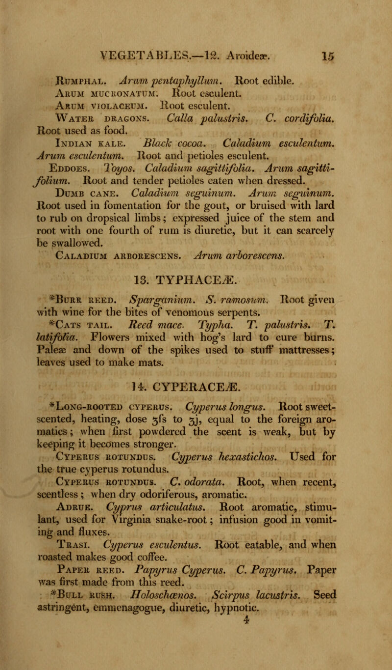 Humphal. Arum pentaphyllum. Root edible. Ahum mucronatum. Root esculent. Arum violaceum. Hoot esculent. Water dragons. Calla palustris. C. cordifolia. Root used as food. Indian kale. Black cocoa. Caladium esculentum. Arum esculentum. Root and petioles esculent. Eddoes. Toyos. Caladium sagittifolia. Arum sagitti- Jblium. Root and tender petioles eaten when dressed. Dumb cane. Caladium seguinum. Arum seguinum. Root used in fomentation for the gout, or bruised with lard to rub on dropsical limbs; expressed juice of the stem and root with one fourth of rum is diuretic, but it can scarcely be swallowed. Caladium arborescens. Arum arborescens. 13. TYPHACEJL *Burr reed. Sparganium. S. ramosum. Root given with wine for the bites of venomous serpents. *Cats tail. Reed mace. Typha. T. palustris, T. latifolia. Flowers mixed with hog's lard to cure burns. Paleae and down of the spikes used to stuff mattresses; leaves used to make mats. 14. CYPERACE^E. *Long-rooted cyperus. Cyperus longus. Root sweet- scented, heating, dose 3fs to 5J, equal to the foreign aro- matics; when first powdered the scent is weak, but by keeping it becomes stronger. Cyperus rotundus. Cyperus hexastichos. Used for the true cyperus rotundus. Cyperus rotundus. C, odorata. Root, when recent, scentless ; when dry odoriferous, aromatic. Adrue. Cyprus articulatus. Root aromatic, stimu- lant, used for Virginia snake-root; infusion good in vomit- ing and fluxes. Trasi. Cyperus esculentus. Root eatable, and when roasted makes good coffee. Paper reed. Papyrus Cyperus. C. Papyrus. Paper was first made from this reed. *Bull rush. Holoschcenos. Scirpus lacustris. Seed astringent, emmenagogue, diuretic, hypnotic. 4