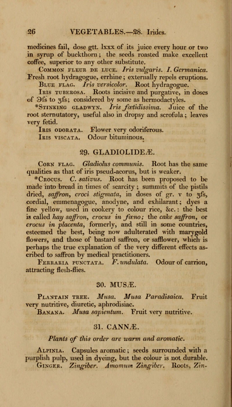 medicines fail, dose gtt. lxxx of its juice every hour or two in syrup of buckthorn; the seeds roasted make excellent coffee, superior to any other substitute. Common fleur de luce. Iris vulgaris. I. Germanica. Fresh root hydragogue, errhine; externally repels eruptions. Blue flag. Iris versicolor. Root hydragogue. Iris tuberosa. Roots incisive and purgative, in doses of 3fs to 3fs; considered by some as hermodactyles. *Stinking gladwyn. Iris Jwtidissima. Juice of the root sternutatory, useful also in dropsy and scrofula; leaves very fetid. Iris odorata. Flower very odoriferous. Iris viscata. Odour bituminous. 4 29. GLADIOLIDE.E. Corn flag. Gladiolus communis. Root has the same qualities as that of iris pseud-acorus, but is weaker. *Crocus. C. sativus. Root has been proposed to be made into bread in times of scarcity ; summits of the pistils dried, saffron, croci stigmata, in doses of gr. v to 3fs, cordial, emmenagogue, anodyne, and exhilarant; dyes a fine yellow, used in cookery to colour rice, &c.: the best is called hay saffron, crocus in fceno; the cake saffron, or crocus in placenta, formerly, and still in some countries, esteemed the best, being now adulterated with marygold flowers, and those of bastard saffron, or safflower, which is perhaps the true explanation of the very different effects as- cribed to saffron by medical practitioners. Ferraria punctata. F. undulata. Odour of carrion, attracting flesh-flies. 30. MUSiE. Plantain tree. Musa. Musa Paradisaica. Fruit very nutritive, diuretic, aphrodisiac. Banana. Musa sapientum. Fruit very nutritive. 31. CANNAE. Plants of this order are warm and aromatic. Alpinia. Capsules aromatic; seeds surrounded with a purplish pulp, used in dyeing, but the colour is not durable. Ginger. Zingiber. Amomum Zingiber. Roots, Zin-