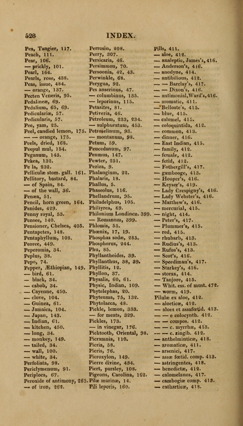 Pea, Tangier, 117. Peach, 111. Pear, 106. — prickly, 101. Pearl, 164. Pearls, rose, 438. Peas, issue, 484. — orange, 137. Pecten Veneris, 95. Pedalineae, 69. Pedaliura, 65, 69. Pediculariae, 57. Pedicularis, 57. Pee, yam, 25. Peel, candied lemon, 175. orange, 175. Peels, dried, 168. Peepul mul, 154. Peganum, 143. Pekea, 132. Pe la, 232. Pelliculae stom. gall. 161. Pellitory, bastard, 84. — of Spain, 84. — of the wall, 36. Penaea, 51. Pencil, horn green, 164. Pen ides, 429. Penny royal, 53. Pensee, 140. Pensioner, Chelsea, 405. Pentapetes, 148. Pentaphyllum, 108. Peoree, 449. Peperomia, 34. Peplus, 38. Pepo, 74. Pepper, ^Ethiopian, 149. — bird, 61. — black, 34. — cabob, 34. — Cayenne, 450. — clove, 104. — Guinea, 61. — Jamaica, 104. — Japan, 143. — Indian, 61. — kitchen, 450. — long, 34. — monkey, 149. — tailed, 34. — wall, 100. — white, 34. PerfoLiata, 98. Periclymenum, 91. Periploca, 67. Peroxide of antimony, 265 — of iron, 262. Perrosin, 208. Perry, 307. Persicaria, 46. Persimmon, 70. Persoonia, 42, 43. Perwinkle, 68. Perygua, 92. Pes anserinus, 47. — columbinus, 135. — leporinus, 115. Petasites, 81. Petiveria, 46. Petroleum, 233, 234. — sulphuratum, 453. Petroselinum, 93. — montanum, 98. Petum, 59. Peucedanum, 97. Peumus, 147. Pewter, 251. Peziza, 9. Phalangium, 22. Phalaris, 18. Phallus, 5. Phaseolus, 116. Phellandrum, 95. Philadelphus, 105. Phillyrea, 69. Philonium Londinen. 399. — Romanum, 399. Phlomis, 55. Phoenix, 17, 19. Phos})h as sodae, 285. Phosphorus, 244. Phu, 85. Phyllanthoides, 39. Phyllanthus, 38, 39. Phyllitis, 12. Phyllon, 37. Physalis, 60, 61. Physic, Indian, 109. Phytelephas, 20. Phyteuma, 75, 132. Phytolacca, 48. Pickle, lemon, 333. — for meats, 329. Pickles, 173. — in vinegar, 176. Picktooth, Oriental, 98, Picramnia, 110. Picria, 58. Picris, 76. Picroxylon, 149. Pierre divine, 434. Piert, parsley, 108. Pigeons, Carolina, 162. , Pilae marinae, 14. Pili leporis, 160. Pills, 411. — aloe, 412. — analeptic, James's, 416. — Anderson's, 416. — anodyne, 414. — antibilious, 412. Barclay's, 417. Dixon's, 416. — antimonial,Ward's,416. — aromatic, 411. —'Belloste's, 415. — blue, 415. — calomel, 415. — coloquintida, 412. — common, 413. — dinner, 416. — East Indian, 415. — family, 412. — female, 412. — fetid, 4 1 2. — Fothergill's, 417. — gambooge, 413. — Hooper's, 416. — Keyser's, 419. — Lady Crespigny's, 416. — Lady Webster's, 416. — Matthew's, 416. — mercurial, 415. — night, 414. — Peter's, 417« — Plummer's, 415. — red, 415. — rhubarb, 413. — Rudius's, 413. — Rufus's, 413. — Scot's, 416. — Speediman's, 417. — Starkey's, 416. — storax, 414. — Tanjore, 415. — Whit. ess. of must. 472. — worm, 419. Pilulae ex aloe, 412. ■— aloeticae, 412. — aloes et assafoetid. 413. e colocynth. 412. — — compos. 412. — — c. myrrhae, 413. c. ringib. 412. — anthelminticae, 418. — aromaticae, 411. — arsenici, 417* — assae foetid, comp. 413. ■—astringentes, 418. — benedictae, 412. — calomelanos, 417. — cambogiae comp. 413. — cathartic*, 4is.