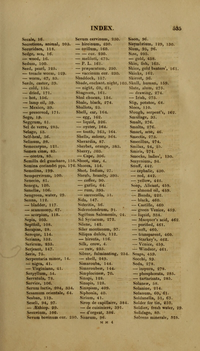 Secale, 16'. Secretions, animal, 203. Securidaca, 118. Sedge, sea, 16. — wood, 16. Sedum, 100. Seed, pearl, 125. — treacle worm, 129. — worm, 47, 83. Seeds, castor, 39. — cold, 156. — dried, 171. — hot, 156. — lamp oil, 39- — Mexico, 39. — preserved, 171. Sego, 19. Seggrum, 81. Sel de verre, 285. Selago, 13. Self-heal, 56. Selinum, 98. Semecarpus, 121. Semen cinae, 83. — contra, 83. Sevum cervinum, 230. — hircinum, 230. — ovillum, 160. cur. 230. — meliloti, 475. — P. L. 161. — praepaiatum, 230. — vaccinum cur. 230. Shaddock, 137. Shade, enchant, night, ] 03 — night, 60, 61. Shagreen, 161. Sbal chucua, 154. Shale, black, 274. Shallots, 23. Shell, ear, 164. — egg, 162. — liquid, 326. — oyster, 164. — tooth, 163, 164. Shells, colour, 164. Sherardia, 87. Sherbet, orange, 383. Sherry, 303. — Cape, 306. Semilla del guacharo, 158. Shoot, star, 4. Semina coriandri ppa. 176.Shorea, 154. Semolina, 199. Sempervivum, 100. Senecio, 81. Senega, 120. Senellae, 106. Sengreen, water, 29- Senna, 112. — bladder, 117. — scammony, 67. — scorpion, 118. Sepia, 203. Septfoil, 108. Serapias, 28. Sereque, 114. Seriana, 132. Sericum, 233. Serjeant, 147. Seris, 75. Serpentaria minor, 14. — nigra, 41. — Virginiana, 41. Serpyllum, 54. Serratula, 78. Service, 106. Serum lactis, 204, 334. Sesamum orientale, 64. Sesban, 119. Seseli, 94, 97- — iEthiop. 99. 24. Shot, Indian, 27. Shrub, brandy, 395 — coffee, 90. — garlic, 64. — rum, 395. — sarcocolla, 51. Sida, 147. Sideritis, 56. Siderodendrum, 91. Sigillum Salomonis, Sil Syriacum, 272. Silene, 142. Siler montanum, 97. Siliqua dulcis, 112. — hirsuta, 116. Silk, crow, 4. — raw, 233. Silver, fulminating, 254 — shell, 249- Simarouba, 144. Simaroubeae, 144. Simplocineae, 70. Sinapi, 128. Sinapis, 128. Sinapism, 409- Siphonia, 40. Sirium, 41. Sirop de capillaire, 384 — de cuisiniere, 391. — d'orgeat, 386. Sesuvium, 102. Sevum bovinum cur. 230. Sisarum, 96 M M 4 Sison, 96. Sisymbrium, 129, 130. Sium, 95, 96. Size, 205. — gold, 458. Skin, fish, 163. Skins, gold beaters', 161. Skinks, 162. Ski net, 96. Skull, human, 159. Slate, alum, 275. — drawing, 274. — Irish, 275. Slip, potatoe, 64. Sloes, 110. Slough, serpent's, 162. Small age, 93. Smalt, 276. Smalta, 276. Smart, arse, 46. Smectis, 273. Smerillus, 274. Smilax, 24, 25. Smiris, 274. Smocks, ladies', 130. Smyinium, 94. Snuff, 442. — cephalic, 430. — red, 442. — yellow, 442. Soap, Alicant, 459. — almond oil, 459. — Banda, 222. — black, 460. — Castille, 460 — green Venice, 459. — liquid, 334. — Macquer's acid, 462. — purified, 461. — soft, 460. — transparent, 460. — Starkey's, 462. — Venice, 459. — Windsor, 461. . Soaps, 459. Socchi, 89- Soda, 278. — impura, 278. — phosphorata, 285. — tartarisata, 285. Solaneae, 58. Solanine, 214. Solanum, 60, 61. Soldanella, 51, 63. Solder for tin, 252. Soldier, fresh water, 29- Solidago, 80. Solvens minerale, 325.