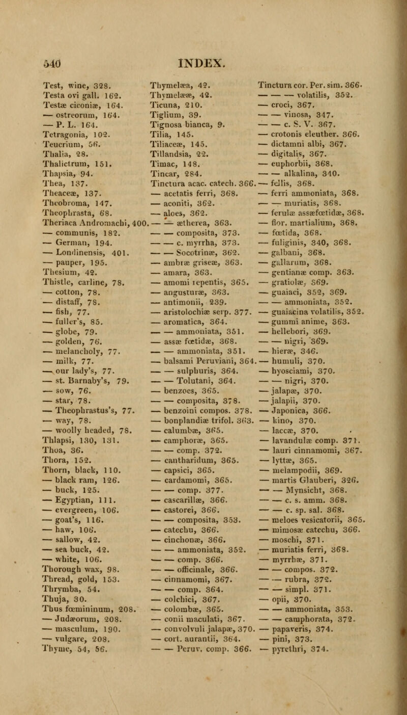 Test, wine, 328. Testa ovi gall. 162. Testae ciconiae, 164. — ostreorum, 164. — P. L. 164. Tetragonia, 102. Teucriuni, 56. Thalia, 28. Thai ict rum, 151. Thapsia, 94. Thea, 137. Theaceae, 137. Thcobroma, 147. Theoplirasta, 68. Theriaca Andromacbi, 400, — communis, 182. — German, 194. — Londinensis, 401. — pauper, 195. Thesium, 42. Thistle, carline, 78. — cotton, 78. — distaff, 78. — fish, 77. — fuller's, 85. — globe, 79. — golden, 76. — melancholy, 77. — milk, 77. — our lady's, 77. — st. Bamaby's, 79. — sow, 76. — star, 78. — Theophrastus's, 77. ■— Avay, 78. — woolly headed, 78. Tblapsi, 130, 131. Thoa, 36. Thora, 152. Thorn, black, 110. — black ram, 126. — buck, 125. — Egyptian, 111. — evergreen, 106. — goat's, 116. — haw, 106. — sallow, 42. — sea buck, 42. — white, 106. Thorough wax, 98. Thread, gold, 153. Thrymba, 54. Thuja, 30. Thus foemininum, 208. — Judaeorum, 208. — masculum, 190. — vulgare, 208. Thyme, 54, 56. Thymelaea, 42. ThvnielaecR, 42. Ticuna, 210. Tiglium, 39. Tignosa bianca, 9. Tilia, 145. Tiliaceae, 145. Tillandsia, 22. Timac, 14 8. Tincar, 284. Tinctura acac. catech. 366 — acetatis ferri, 368. — aconiti, 362. — aloes, 362. — — aetherea, 363. composita, 373. c. myrrha, 373. Socotrinae, 362. — ambtae griseae, 363. — amara, 363. — amomi iepentis, 365. — angusturae, 363. — antimonii, 239. — aristolochiae serp. 377. — aromatica, 364. — — ammouiata, 351. — assae foctidae, 368. ammoniata, 351. — balsami Peruviani, 364 sulphuris, 364. Tolutani, 364. — benzoes, 365. composita, 378. — benzoini compos. 378. — bonplandiae trifol. 363. — calumbae, 365. — camphorae, 365. comp. 372. — cantharidum, 365. — capsici, 365. — cardamomi, 365. comp. 377. — cascarillae, 366. — castorei, 366. composita, 353. — catechu, 366. — cinchonae, 366. ammoniata, 352. • comp. 366. officinale, 366. — cinnamomi, 367- comp. 364. — colchici, 367. ■— colombae, 365. — conii maculati, 367. — convolvuli jalapae, 370. — cort. aurantii, 364. Peruv. comp. 366. Tinctura cor. Per. sim. 366. volatihs, 352. — croci, 367. vinosa, 347. c. S. V. 367. — crotonis eleuther. 366. — dictamni albi, 367. — digitalis, 367. — euphorbii, 368. alkalina, 340. — fdlis, 368. — ferri ammoniata, 368. muriatis, 368. — ferulae assaefcetidae, 368. — flor. martialium, 368. — foetida, 368. — fuliginis, 340, 368. — galbani, 368. — gallarum, 368. — gentianae comp. 363. — gratiolae, 369. — guaiaci, 352, 369. ammoniata, 352. — guaiacina volatilis, 352. — gummi anime, 363. — hellebori, 369. nigri, 369. — hierae, 346. — humuli, 370. — byosciami, 370. nigri, 370. — jalapae, 370. — jalapii, 370. — Japonica, 366. — kino, 370. — laccae, 370. — lavandulae comp. 371. — lauri cinnamomi, 367. — lyttae, 365. — meiampodii, 369. — martis Glauberi, 326. Mynsicbt, 368. c. s. amm. 368. c. sp. sal. 368. — meloes vesicatorii, 365. — mimosae catechu, 366. — moschi, 371. — muriatis ferri, 368. — myrrhae, 371. — — compos. 372. — — rubra, 372. simpl. 371. — opii, 370. ammoniata, 353. camphorata, 372. — papaveris, 374. — pini, 373. — pyrethri, 374.