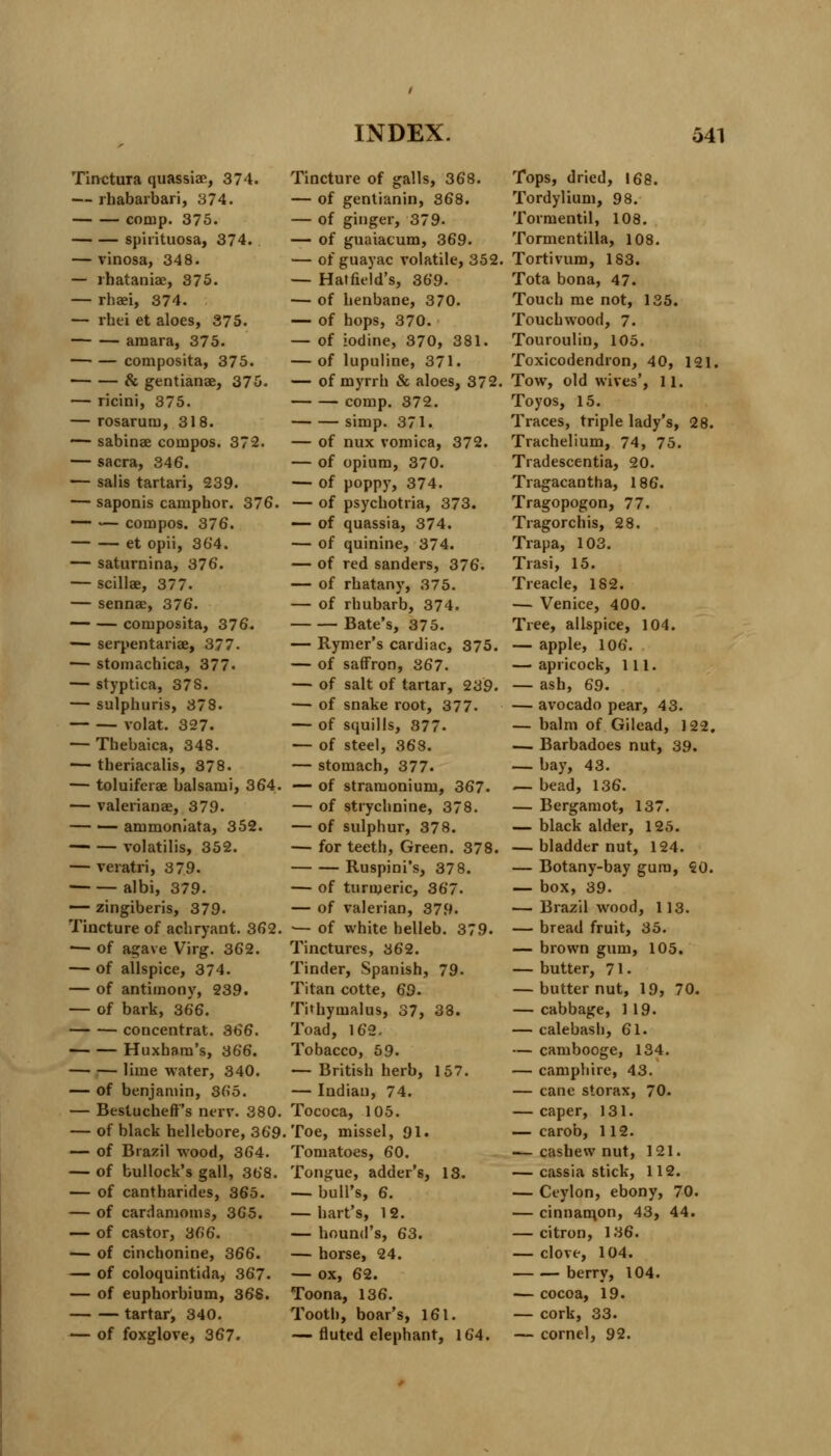 Tirrctura quassiae, 374. — rhabarbari, 374. comp. 375. spirituosa, 374. — vinosa, 348. — ihataniae, 375. — rhaei, 374. — rhei et aloes, 375. amara, 375. composita, 375. & gentianae, 375. — ricini, 375. — rosarura, 318. — sabinae compos. 372. — sacra, 346. — salis tartari, 239. — saponis camphor. 376. — — compos. 376. et opii, 364. — saturnina, 376. — scillae, 377. — sennas, 376. composita, 376. — serpentariae, 377. — stomachica, 377. — styptica, 378. — sulphuris, 378. volat. 327. — Thebaica, 348. — tberiacalis, 378. — toluiferae balsami, 364. — Valerianae, 379. — — ammoniata, 352. volatilis, 352. — veratri, 379. albi, 379. — zingiberis, 379- Tincture of acbryant. 362. — of agave Virg. 362. — of allspice, 374. — of antimony, 239. — of bark, 366. concentrat. 366. Huxbam's, 366. lime water, 340. — of benjamin, 365. — Bestucheft's nerv. 380. — of black hellebore, 369 — of Brazil wood, 364. — of bullock's gall, 368. — of cantharides, 365. — of cardamoms, 365. — of castor, 366. — of cinchonine, 366. — of coloquintida, 367. — of euphorbium, 368. tartar, 340. — of foxglove, 367. Tincture of galls, 368. — of gentianin, 368. — of ginger, 379. — of guaiacum, 369. — of guayac volatile, 352. — Hatfield's, 369. — of henbane, 370. — of hops, 370. — of iodine, 370, 381. — of lupuline, 371. — of myrrh & aloes, 372. comp. 372. simp. 371. — of nux vomica, 372. — of opium, 370. — of poppy, 374. — of psychotria, 373. — of quassia, 374. — of quinine, 374. — of red sanders, 376. — of rhatany, 375. — of rhubarb, 374. Bate's, 375. — Rymer's cardiac, 375. — of saffron, 367. — of salt of tartar, 239. — of snake root, 377. — of squills, 377. — of steel, 368. — stomach, 377. — of stramonium, 367. — of strychnine, 378. — of sulphur, 378. — for teeth, Green. 378. Ruspini's, 378. — of turmeric, 367. — of valerian, 379. — of white helleb. 379. Tinctures, 362. Tinder, Spanish, 79. Titan cotte, 69. Tithymalus, 37, 38. Toad, 162. Tobacco, 59. — British herb, 157. — Indian, 74. Tococa, 105. Toe, missel, 91 • Tomatoes, 60. Tongue, adder's, 13. — bull's, 6. — hart's, 12. — hound's, 63. — horse, 24. — ox, 62. Toona, 136. Tooth, boar's, 161. — fluted elephant, 164. Tops, dried, 168. Tordylium, 98. Tormentil, 108. Tormentilla, 108. Tortivum, 183. Tota bona, 47. Touch me not, 135. Touchwood, 7. Touroulin, 105. Toxicodendron, 40, 121. Tow, old wives', 11. Toyos, 15. Traces, triple lady's, 28. Trachelium, 74, 75. Tradescentia, 20. Tragacantha, 186. Tragopogon, 77. Tragorchis, 28. Trapa, 103. Trasi, 15. Treacle, 182. — Venice, 400. Tree, allspice, 104. — apple, 106. — apricock, 111. — ash, 69. — avocado pear, 43. — balm of Gilead, 122. — Barbadoes nut, 39. — bay, 43. — bead, 136. — Bergamot, 137. — black alder, 125. — bladder nut, 124. — Botany-bay gum, 50. — box, 39. — Brazilwood, 113. — bread fruit, 35. — brown gum, 105. — butter, 71 • — butternut, 19, 70. — cabbage, 119. — calebash, 61. — cambooge, 134. — camphire, 43. — cane storax, 70. — caper, 131. — carob, 112. — cashew nut, 121. — cassia stick, 112. — Ceylon, ebony, 70. — cinnamon, 43, 44. — citron, 136. — clove, 104. berry, 104. — cocoa, 19. — cork, 33. — cornel, 92.