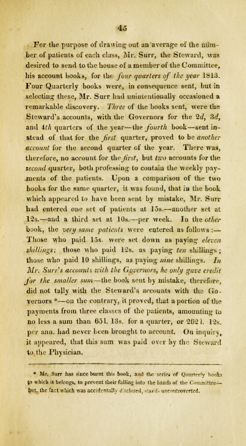 4o For the purpose of drawing- out an average of the niim- ber of patients of each class, Mr. Surr, the Steward, was desired to send to the house of a member of the Committee, his account books, for the four quarters of the year 1813. Four Quarterly books were, in consequence sent, but in selecting these, Mr. Surr had unintentionally occasioned a remarkable discovery. Three of the books sent, were the Steward's accounts, with the Governors for the 2d, 3d, and 1th quarters of the year—the fourth book—sent in- stead of that for the fust quarter, proved to be another account for tbe second quarter of the year. There was, therefore, no account for the fist, but tzeo accounts for the second quarter, both professing to contain the weekly pay- .ments of the patients. Upon a comparison of the two books for the same quarter, it was found, that iu the book, which appeared to have been sent by mistake, Mr. Surr had entered one set of patients at 15s.—another set at 12s.—and a third set at 10s.—per week. In the other book, tbe very same patieids were eutered as follows :— Those -who paid 15s. were set down as paying eleven shillings; those vyho paid 12s. as paying ten shillings; those who paid 10 shillings, as paying nine shillings. In Mr. Sun's accounts with the Governors, he only gave credit for the smaller sum—the book sent by mistake, therefore, did not tally with the Steward's accounts with the Go- vernors *—on the contrary, it proved, that a portion of the payments from three classes of the patients, amounting to no less a sum than 651. 13s. for a quarter, or 2621. 12s. per ami. had never been brought to account. On inquiry, it appeared, that this sum was paid over by the Steward to the Physician. * Mr. Surr has since burnt this book, and the series of Quarterly books \o which it belongs, to prevent their falling into the hands of the Committee— but. the fact which was accidentally disclosed, siands iincontrovcrted.