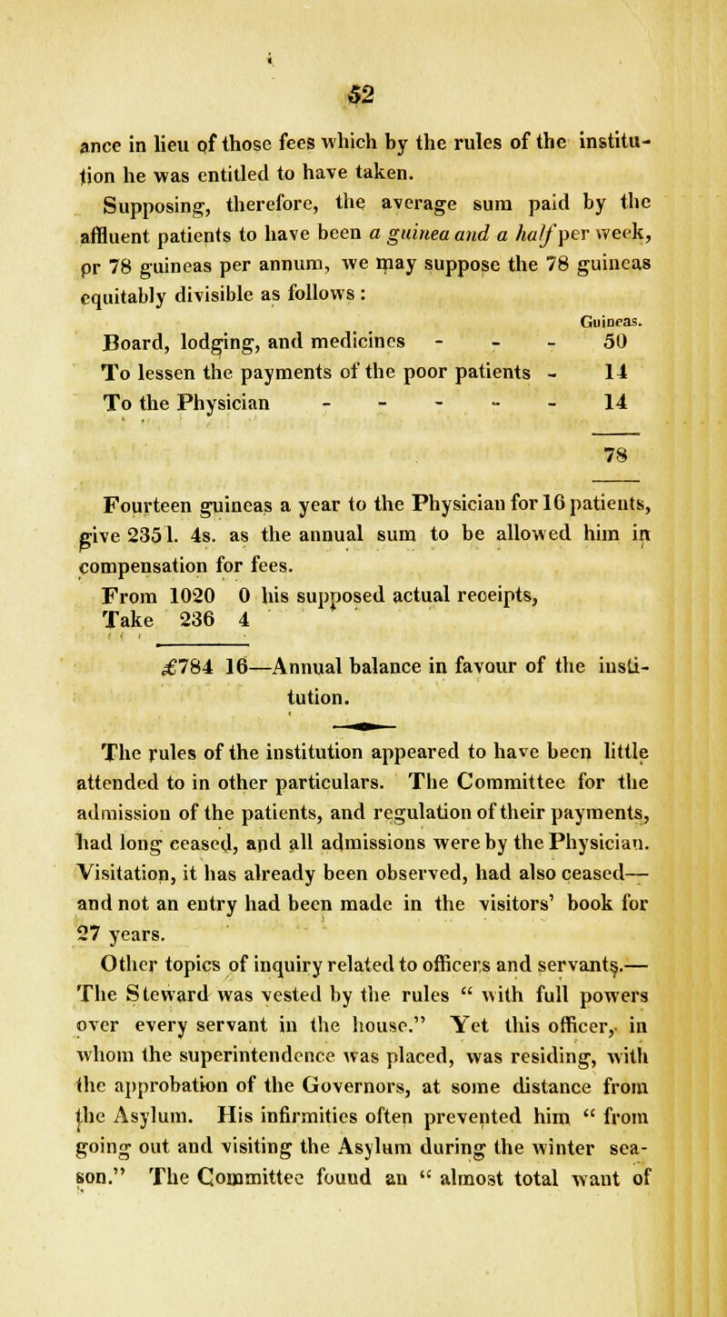 $2 ance in lieu of those fees which by the rules of the institu- tion he was entitled to have taken. Supposing, therefore, the average sum paid by the affluent patients to have been a guinea and a half per week, pr 78 guineas per annum, we may suppose the 78 guineas equitably divisible as follows : Guineas. Board, lodging, and medicines - - 50 To lessen the payments of the poor patients - 14 To the Physician ----- 14 78 Fourteen guineas a year to the Physician for 16 patients, give 2351. 4s. as the annual sum to be allowed him in compensation for fees. From 1020 0 his supposed actual receipts, Take 236 4 £784 16—Annual balance in favour of the insti- tution. The rules of the institution appeared to have been little attended to in other particulars. Tbe Committee for the admission of the patients, and regulation of their payments, had long ceased, and all admissions were by the Physician. Visitation, it has already been observed, had also ceased— and not an entry had been made in the visitors' book for 27 years. Other topics of inquiry related to officers and servants.— The Steward was vested by the rules  with full powers over every servant in the house. Yet this officer,, in whom the superintendence was placed, was residing, with the approbation of the Governors, at some distance from |,he Asylum. His infirmities often prevented him  from going out and visiting the Asylum during the winter sea- son. The Committee fouud an  almost total want of