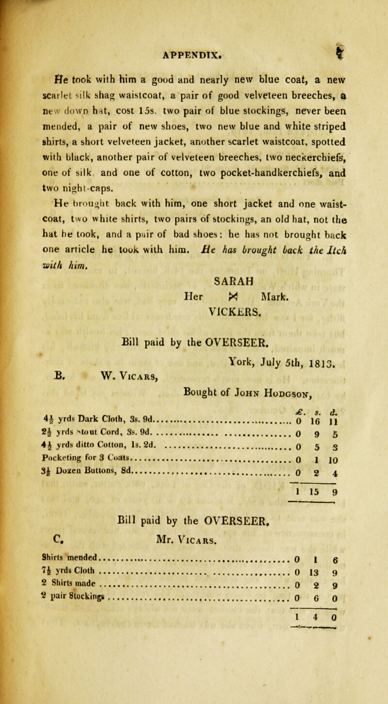 He took with him a good and nearly new blue coat, a new scarlet <i\k shag waistcoat, a pair of good velveteen breeches, a new down hut, cost 15s. two pair of blue stockings, never been mended, a pair of new shoes, two new blue and white striped shirts, a short velveteen jacket, another scarlet waistcoat, spotted with black, another pair of velveteen breeches, two neckerchiefs, one of silk and one of cotton, two pocket-handkerchiefs, and two nigh i-caps. He brought back with him, one short jacket and one waist- coat, two white shirts, two pairs of stockings, an old hat, not the hat he took, and a puir of bad shoes: he has not brought back one article he took with him. he has brought back the Itch with him. SARAH Her X Mark. VICKERS. Bill paid by the OVERSEER. York, July 5th, 1813. B. W. VtCARS, Bought of John Hodgson, 4| yrds Dark Cloth, 3s. 9d 0 16 11 2£ yrds >tout Cord, 3s. 9d 0 9 5 4 J yrds ditto Cotton, Is. 2d 0 5 3 Pocketing for 3 Coats q j jq 3J Dozen Buttons, Sd q g 4 1 15 9 Bill paid by the OVERSEER. C. Mr. Vicars. Shirts mended 0 I 6 7iyrdsCloth 0 13 9 2 Shirts made 0 g 9 2 pair Stockings 0 6 0