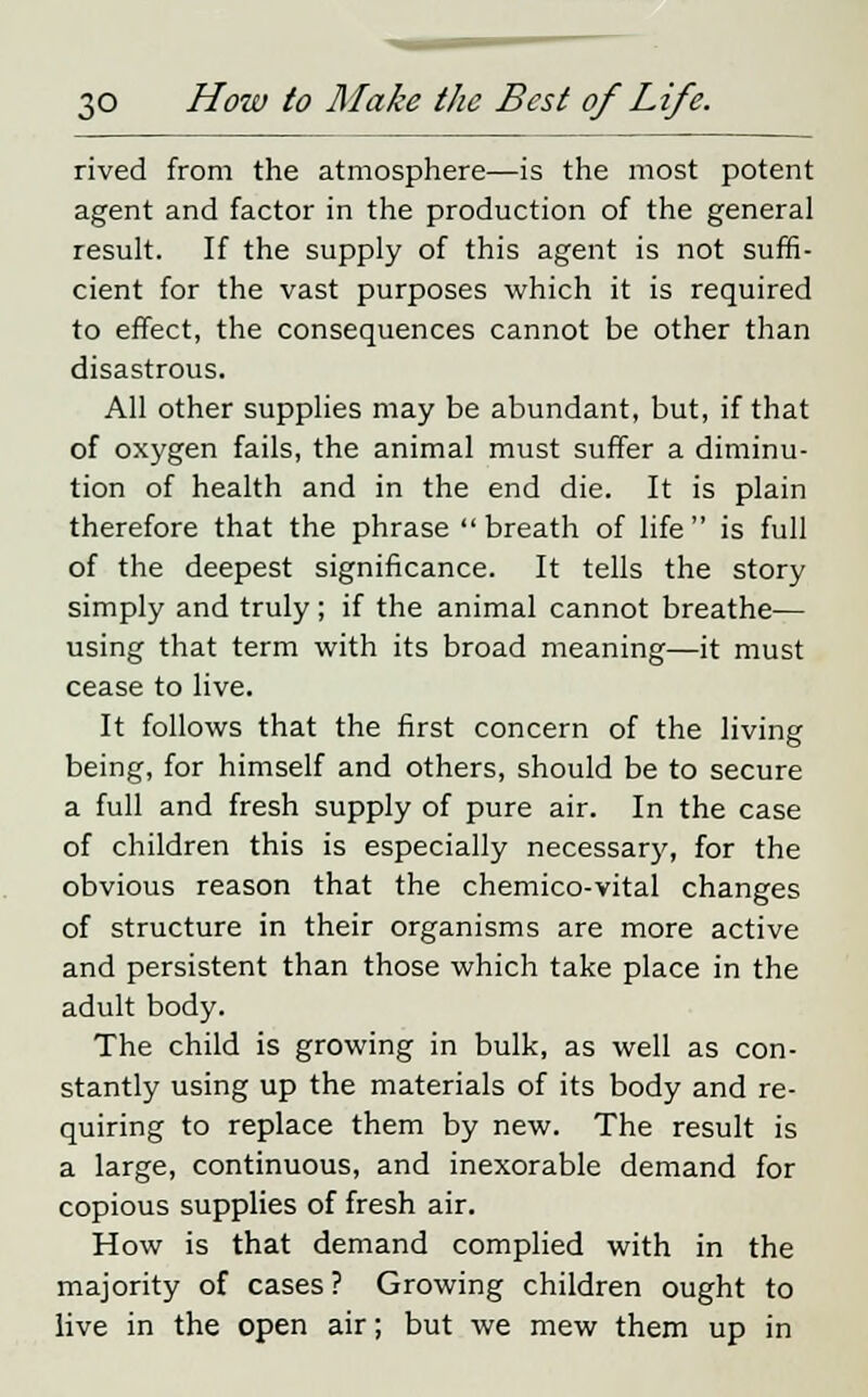 rived from the atmosphere—is the most potent agent and factor in the production of the general result. If the supply of this agent is not suffi- cient for the vast purposes which it is required to effect, the consequences cannot be other than disastrous. All other supplies may be abundant, but, if that of oxygen fails, the animal must suffer a diminu- tion of health and in the end die. It is plain therefore that the phrase  breath of life  is full of the deepest significance. It tells the story simply and truly ; if the animal cannot breathe— using that term with its broad meaning—it must cease to live. It follows that the first concern of the living being, for himself and others, should be to secure a full and fresh supply of pure air. In the case of children this is especially necessary, for the obvious reason that the chemico-vital changes of structure in their organisms are more active and persistent than those which take place in the adult body. The child is growing in bulk, as well as con- stantly using up the materials of its body and re- quiring to replace them by new. The result is a large, continuous, and inexorable demand for copious supplies of fresh air. How is that demand complied with in the majority of cases? Growing children ought to live in the open air; but we mew them up in