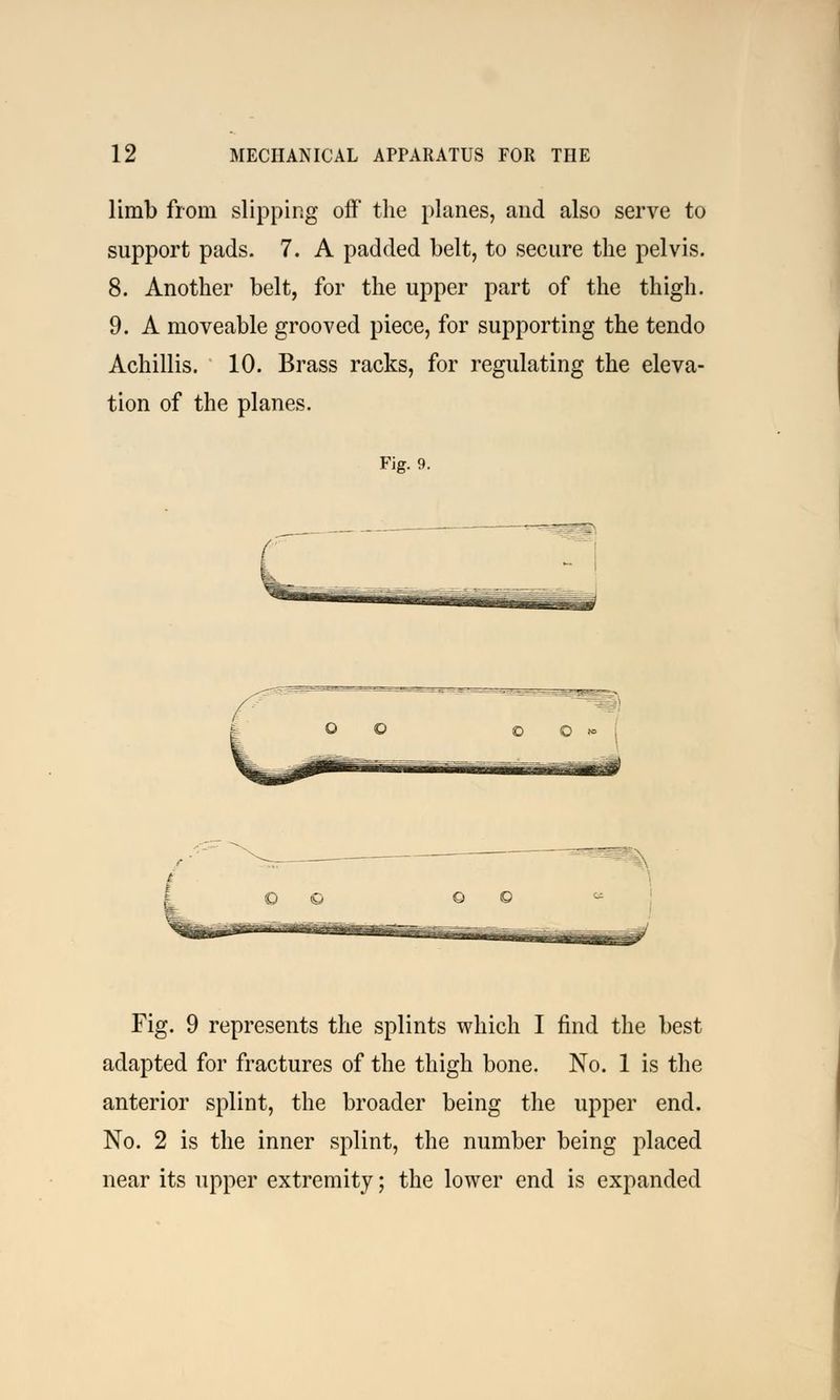 limb from slipping off the planes, and also serve to support pads. 7. A padded belt, to secure the pelvis. 8. Another belt, for the upper part of the thigh. 9. A moveable grooved piece, for supporting the tendo Achillis. 10. Brass racks, for regulating the eleva- tion of the planes. Fig. 9. Fig. 9 represents the splints which I find the best adapted for fractures of the thigh bone. No. 1 is the anterior splint, the broader being the upper end. No. 2 is the inner splint, the number being placed near its upper extremity; the lower end is expanded