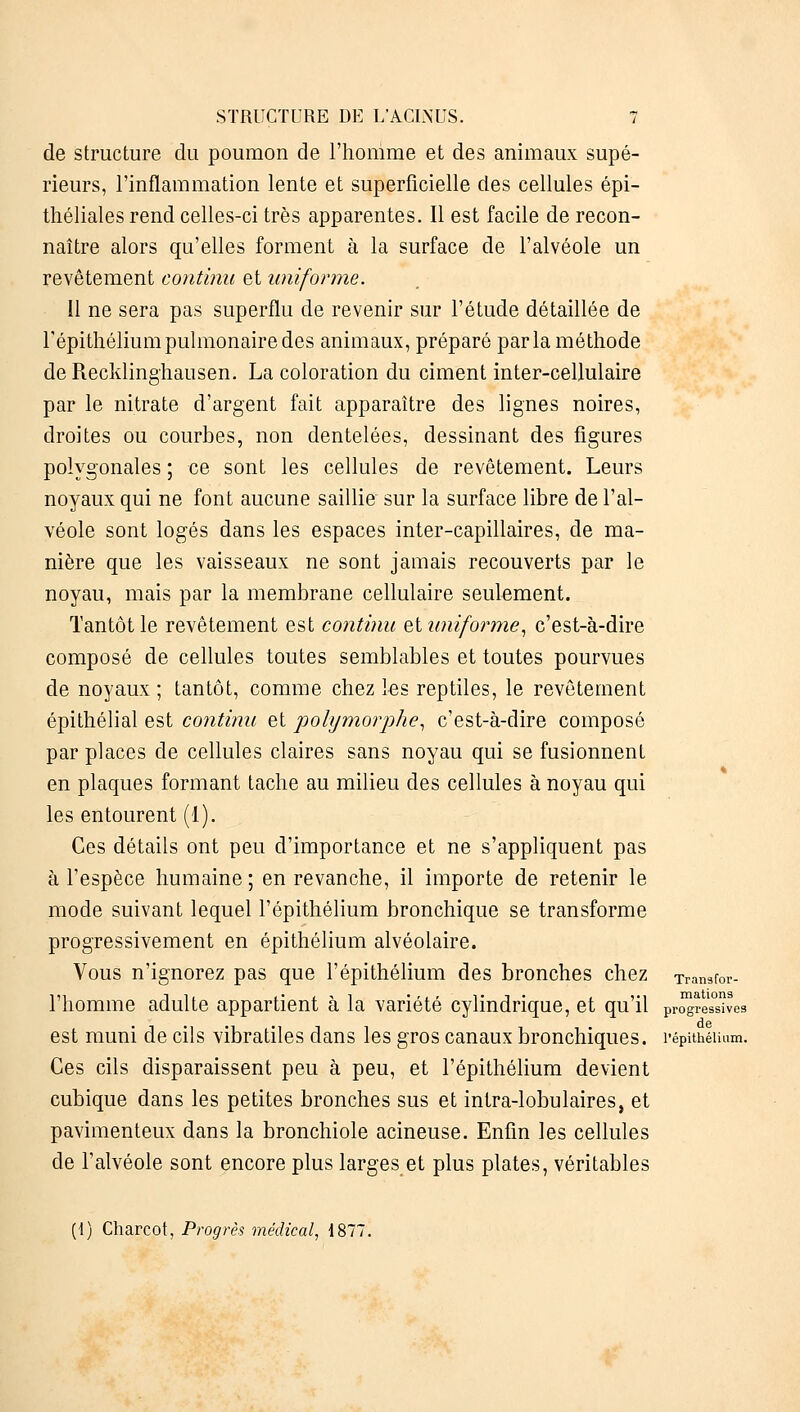 de structure du poumon de l'homme et des animaux supé- rieurs, l'inflammation lente et superficielle des cellules épi- théliales rend celles-ci très apparentes. Il est facile de recon- naître alors qu'elles forment à la surface de l'alvéole un revêtement continu et uniforme. Il ne sera pas superflu de revenir sur l'étude détaillée de l'épithélium pulmonaire des animaux, préparé parla méthode deRecklinghausen. La coloration du ciment inter-cellulaire par le nitrate d'argent fait apparaître des lignes noires, droites ou courbes, non dentelées, dessinant des figures polygonales ; ce sont les cellules de revêtement. Leurs noyaux qui ne font aucune saillie sur la surface libre de l'al- véole sont logés dans les espaces inter-capillaires, de ma- nière que les vaisseaux ne sont jamais recouverts par le noyau, mais par la membrane cellulaire seulement. Tantôt le revêtement est continu et uniforme, c'est-à-dire composé de cellules toutes semblables et toutes pourvues de noyaux ; tantôt, comme chez les reptiles, le revêtement épithélial est continu et polymorphe, c'est-à-dire composé par places de cellules claires sans noyau qui se fusionnent en plaques formant tache au milieu des cellules à noyau qui les entourent (1). Ces détails ont peu d'importance et ne s'appliquent pas à l'espèce humaine ; en revanche, il importe de retenir le mode suivant lequel l'épithélium bronchique se transforme progressivement en épithélium alvéolaire. Vous n'ignorez pas que l'épithélium des bronches chez Transfor- l'homme adulte appartient à la variété cylindrique, et qu'il progressives est muni de cils vibratiles dans les gros canaux bronchiques, répithéiium. Ces cils disparaissent peu à peu, et l'épithélium devient cubique dans les petites bronches sus et intra-lobulaires, et pavimenteux dans la bronchiole acineuse. Enfin les cellules de l'alvéole sont encore plus larges et plus plates, véritables (1) Charcot, Progrès médical, 1877.