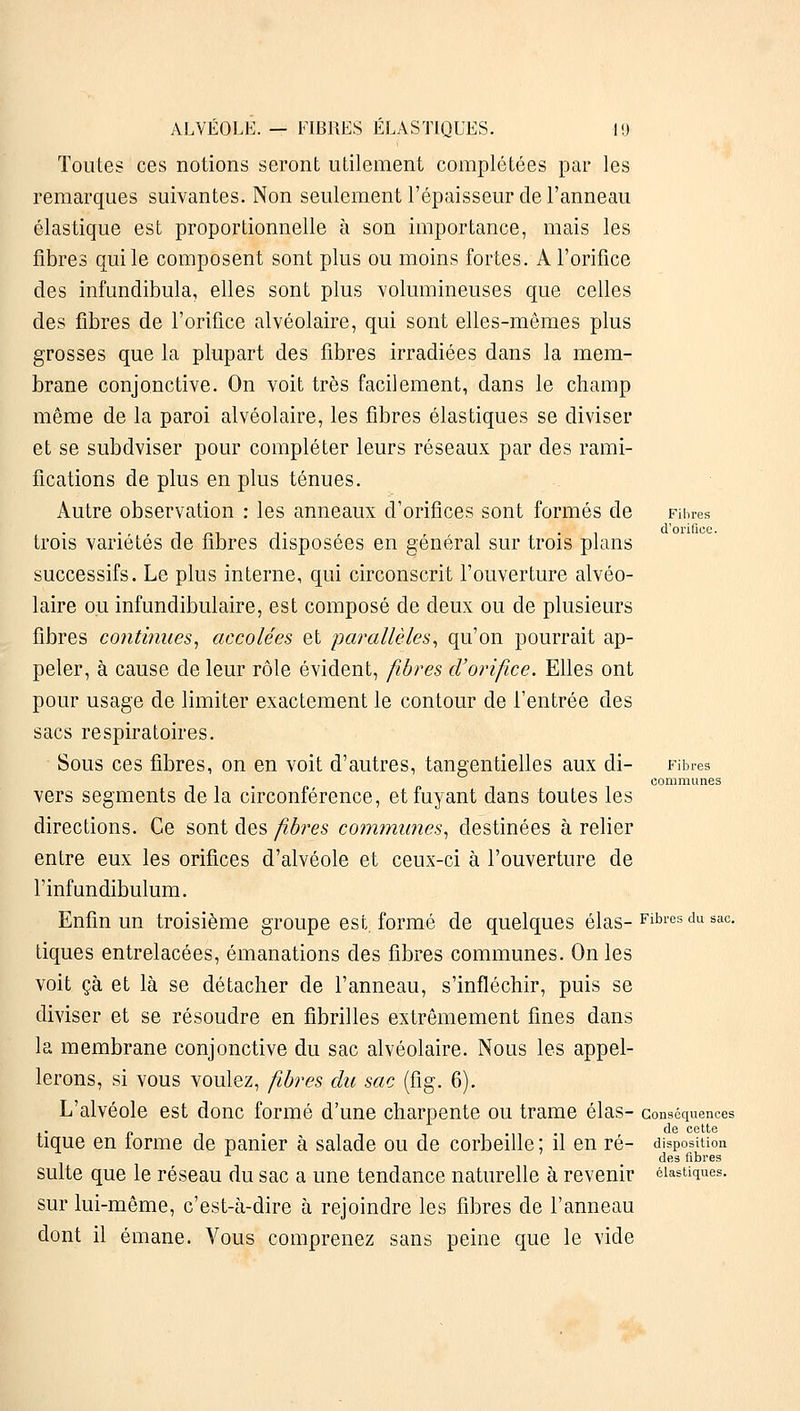 Toutes ces notions seront utilement complétées par les remarques suivantes. Non seulement l'épaisseur de l'anneau élastique est proportionnelle à son importance, mais les fibres qui le composent sont plus ou moins fortes. A l'orifice des infundibula, elles sont plus volumineuses que celles des fibres de l'orifice alvéolaire, qui sont elles-mêmes plus grosses que la plupart des fibres irradiées dans la mem- brane conjonctive. On voit très facilement, dans le champ même de la paroi alvéolaire, les fibres élastiques se diviser et se subdviser pour compléter leurs réseaux par des rami- fications de plus en plus ténues. Autre observation : les anneaux d'orifices sont formés de Fibres 1 , n. . d'orifice. trois variétés de libres disposées en général sur trois plans successifs. Le plus interne, qui circonscrit l'ouverture alvéo- laire ou infundibulaire, est composé de deux ou de plusieurs fibres continues, accolées et parallèles, qu'on pourrait ap- peler, à cause de leur rôle évident, fibres d'orifice. Elles ont pour usage de limiter exactement le contour de l'entrée des sacs respiratoires. Sous ces fibres, on en voit d'autres, tangentielles aux di- Fibres communes vers segments de la circonférence, et fuyant dans toutes les directions. Ce sont des fibres commîmes, destinées à relier entre eux les orifices d'alvéole et ceux-ci à l'ouverture de l'infundibulum. Enfin un troisième groupe est. formé de quelques élas- Fibrcs du sao- tiques entrelacées, émanations des fibres communes. On les voit çà et là se détacher de l'anneau, s'infléchir, puis se diviser et se résoudre en fibrilles extrêmement fines dans la membrane conjonctive du sac alvéolaire. Nous les appel- lerons, si vous voulez, fibres du sac (fîg. 6). L'alvéole est donc formé d'une charpente ou trame élas- conséquences tique en forme de panier à salade ou de corbeille ; il en ré- disposition des fibres suite que le réseau du sac a une tendance naturelle à revenir élastiques, sur lui-même, c'est-à-dire à rejoindre les fibres de l'anneau dont il émane. Vous comprenez sans peine que le vide