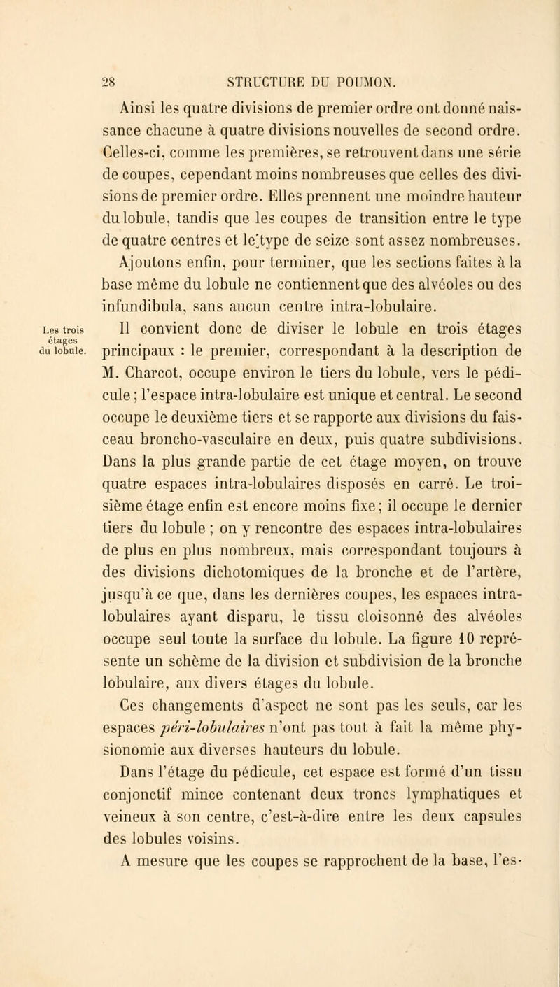 Ainsi les quatre divisions de premier ordre ont donné nais- sance chacune à quatre divisions nouvelles de second ordre. Celles-ci, comme les premières, se retrouvent dans une série de coupes, cependant moins nombreuses que celles des divi- sions de premier ordre. Elles prennent une moindre hauteur du lobule, tandis que les coupes de transition entre le type de quatre centres et lelype de seize sont assez nombreuses. Ajoutons enfin, pour terminer, que les sections faites à la base même du lobule ne contiennent que des alvéoles ou des infundibula, sans aucun centre intra-lobulaire. Les trois II convient donc de diviser le lobule en trois étages étages du lobule, principaux : le premier, correspondant à la description de M. Charcot, occupe environ le tiers du lobule, vers le pédi- cule ; l'espace intra-lobulaire est unique et central. Le second occupe le deuxième tiers et se rapporte aux divisions du fais- ceau broncho-vasculaire en deux, puis quatre subdivisions. Dans la plus grande partie de cet étage moyen, on trouve quatre espaces intra-lobulaires disposés en carré. Le troi- sième étage enfin est encore moins fixe; il occupe le dernier tiers du lobule ; on y rencontre des espaces intra-lobulaires de plus en plus nombreux, mais correspondant toujours à des divisions dichotomiques de la bronche et de l'artère, jusqu'à ce que, dans les dernières coupes, les espaces intra- lobulaires ayant disparu, le tissu cloisonné des alvéoles occupe seul toute la surface du lobule. La figure 10 repré- sente un schème de la division et subdivision de la bronche lobulaire, aux divers étages du lobule. Ces changements d'aspect ne sont pas les seuls, car les espaces péri-lobulaires n'ont pas tout à fait la même phy- sionomie aux diverses hauteurs du lobule. Dans l'étage du pédicule, cet espace est formé d'un tissu conjonctif mince contenant deux troncs lymphatiques et veineux à son centre, c'est-à-dire entre les deux capsules des lobules voisins. A mesure que les coupes se rapprochent de la base, l'es-