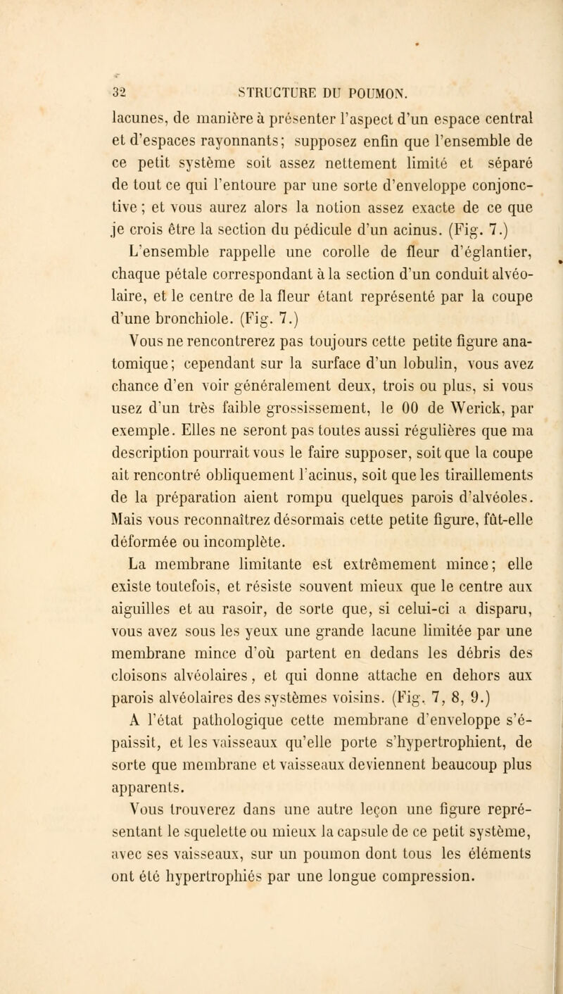 lacunes, de manière à présenter l'aspect d'un espace central et d'espaces rayonnants; supposez enfin que l'ensemble de ce petit système soit assez nettement limité et séparé de tout ce qui l'entoure par une sorte d'enveloppe conjonc- tive ; et vous aurez alors la notion assez exacte de ce que je crois être la section du pédicule d'un acinus. (Fig. 7.) L'ensemble rappelle une corolle de fleur d'églantier, chaque pétale correspondant à la section d'un conduit alvéo- laire, et le centre de la fleur étant représenté par la coupe d'une bronchiole. (Fig. 7.) Vous ne rencontrerez pas toujours cette petite figure ana- tomique; cependant sur la surface d'un lobulin, vous avez chance d'en voir généralement deux, trois ou plus, si vous usez d'un très faible grossissement, le 00 de Werick, par exemple. Elles ne seront pas toutes aussi régulières que ma description pourrait vous le faire supposer, soit que la coupe ait rencontré obliquement l'admis, soit que les tiraillements de la préparation aient rompu quelques parois d'alvéoles. Mais vous reconnaîtrez désormais cette petite figure, fût-elle déformée ou incomplète. La membrane limitante est extrêmement mince; elle existe toutefois, et résiste souvent mieux que le centre aux aiguilles et au rasoir, de sorte que, si celui-ci a disparu, vous avez sous les yeux une grande lacune limitée par une membrane mince d'où partent en dedans les débris des cloisons alvéolaires, et qui donne attache en dehors aux parois alvéolaires des systèmes voisins. (Fig. 1, 8, 9.) A l'état pathologique cette membrane d'enveloppe s'é- paissit, et les vaisseaux qu'elle porte s'hypertrophient, de sorte que membrane et vaisseaux deviennent beaucoup plus apparents. Vous trouverez dans une autre leçon une figure repré- sentant le squelette ou mieux la capsule de ce petit système, avec ses vaisseaux, sur un poumon dont tous les éléments ont été hypertrophiés par une longue compression.