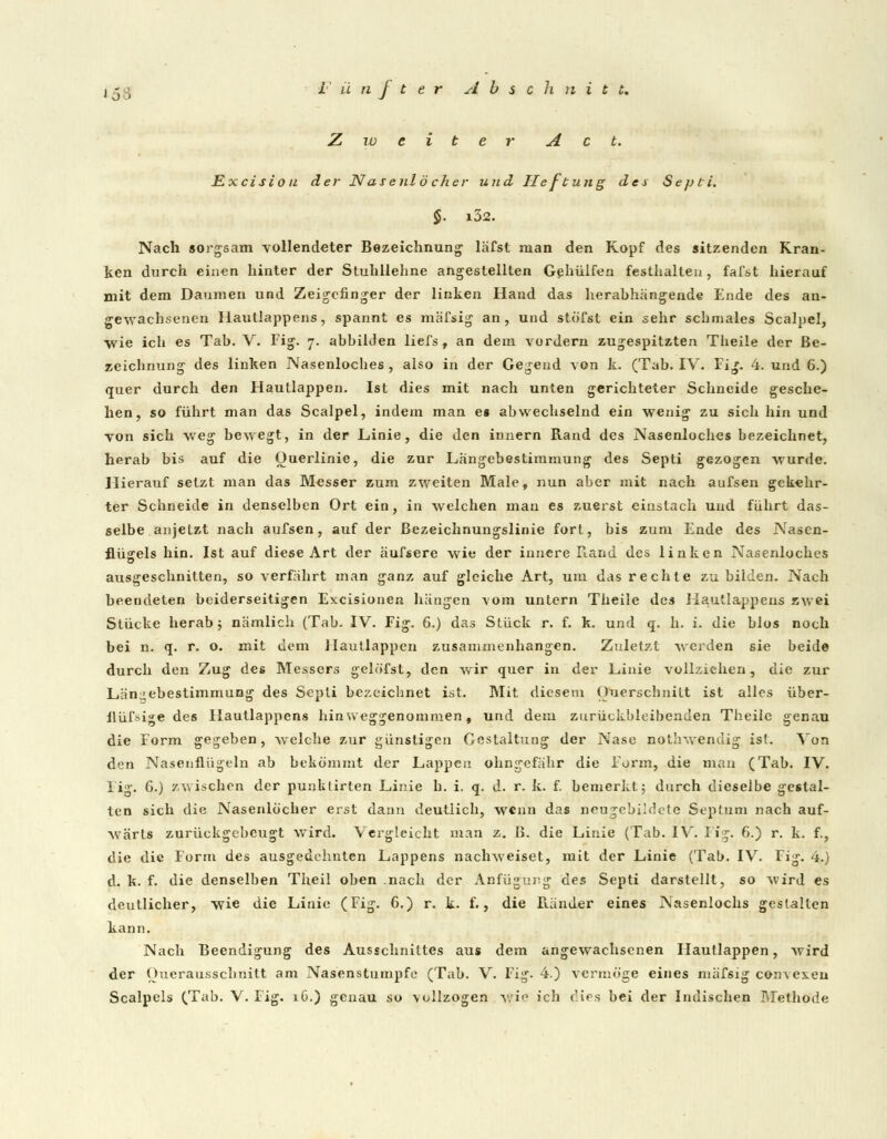 Zweiter Act. Excisiou der Nasenlöeher und Ileftung des Septi, §. i52. Nach sorgsam vollendeter Bezeichnung läfst man den Kopf des sitzenden Kran- ken durch einen hinter der Stuhllehne angestellten Gehülfen festhalten, fafst hierauf mit dem Daumen und Zeigefinger der linken Hand das herabhängende Ende des an- gewachsenen Hautlappens, spannt es mäfsig an, und stöfst ein sehr schmales Scalpel, wie ich es Tab. V. Fig. 7. abbilden liefs, an dem vordem zugespitzten Theile der Be- zeichnung des linken Nasenloches , also in der Gegend von k. (Tab. IV. Fig. 4. und 6.) quer durch den Hautlappen. Ist dies mit nach unten gerichteter Schneide gesche- hen, so führt man das Scalpel, indem man es abwechselnd ein wenig zu sich hin und von sich weg bewegt, in der Linie, die den innern Rand des Nasenloches bezeichnet, herab bis auf die Ouerlinie, die zur Längebestimmung des Septi gezogen wurde. Hierauf setzt man das Messer zum zweiten Male, nun aber mit nach aufsen gekehr- ter Schneide in denselben Ort ein, in welchen man es zuerst einstach und führt das- selbe anjetzt nach aufsen, auf der Bezeichnungslinie fort, bis zum Ende des Nasen- flügels hin. Ist auf diese Art der äufsere wie der innere Rand des linken Nasenloches ausgeschnitten, so verfährt man ganz auf gleiche Art, um das rechte zu bilden. Nach beendeten beiderseitigen Excisionen hängen vom untern Theile des Hautlappeus zwei Stücke herab j nämlich (Tab. IV. Fig. 6.) das Stück r. f. k. und q. h. i. die blos noch bei n. q. r. o. mit dem Hautlappcn zusammenhangen. Zuletzt werden sie beide durch den Zug des Messers gelöfst, den wir quer in der Linie vollziehen, die zur Län^ebestimmung des Septi bezeichnet ist. Mit diesem Querschnitt ist alles über- flüssige des Hautlappens hin weggenommen, und dem zurückbleibenden Theile genau die Form gegeben, welche zur günstigen Gestaltung der Nase nothwendig ist. Von den Nasenflügeln ab bekömmt der Lappen ohngefähr die Form, die man (Tab. IV. Fig. 6.) zwischen der punktirten Linie h. i. q. d. r. k. f. bemerkt; durch dieselbe gestal- ten sich die Nasenlöcher erst dann deutlich, wenn das neugebildete Septum nach auf- wärts zurückgebeugt wird. Vergleicht man z. B. die Linie (Tab. IV. Fig. 6.) r. k. f., die die Form des ausgedehnten Lappens nachweiset, mit der Linie (Tab. IV. Fig. 4.) d. k. f. die denselben Theil oben nach der Anfügung des Septi darstellt, so wird es deutlicher, wie die Linie (Fig. 6.) r. k. f., die Ränder eines Nasenlochs gestalten kann. Nach Beendigung des Ausschnittes aus dem angewachsenen Hautlappen, wird der Ouerausscbnitt am Nasenstumpfe (Tab. V. Fig. 4) vermöge eines mäfsig convex.eu