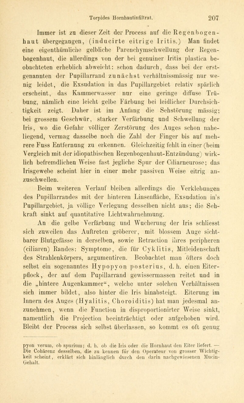 Immer ist zu dieser Zeit der Process auf die Regenbogen- haut übergegangen, (inducirte eitrige Iritis.) Man findet eine eigentümliche gelbliche Parenchymschwellung der Regen- bogenhaut, die allerdings von der bei genuiner Iritis plastica be- obachteten erheblich abweicht: schon dadurch, dass bei der erst- genannten der Pupillarrand zunächst verhältnissmässig nur we- nig leidet, die Exsudation in das Pupillargebiet relativ spärlich erscheint, das Kammerwasser nur eine geringe diffuse Trü- bung, nämlich eine leicht gelbe Färbung bei leidlicher Durchsich- tigkeit zeigt. Daher ist im Anläng die Sehstörung massig; bei grossem Geschwür, starker Verfärbung und Schwellung der Iris, wo die Gefahr völliger Zerstörung des Auges schon nahe- liegend, vermag dasselbe noch die Zahl der Finger bis auf meh- rere Fuss Entfernung zu erkennen. Gleichzeitig fehlt in einer (beim Vergleich mit der idiopathischen Regenbogenhaut-Entzündung) wirk- lich befremdlichen Weise fast jegliche Spur der Ciliarneurose; das Irisgewebe scheint hier in einer mehr passiven Weise eitrig an- zuschwellen. Beim weiteren Verlauf bleiben allerdings die Verklebuiiü,eji des Pupillarrandes mit der hinteren Linsenfläche, Exsudation in's Pupillargebiet, ja völlige Verlegung desselben nicht aus; die Seh- kraft sinkt auf quantitative Lichtwahrnehmung. An die gelbe Verfärbung und Wucherung der Iris schliesst sich zmveilen das Auftreten gröberer, mit blossem Auge sicht- barer Blutgefässe in derselben, sowie Retraction ihres peripheren (ciliaren) Randes: Symptome, die für Cyklitis, Mitleidenschaft des Strablenkörpers, argumentiren. Beobachtet man öfters doch selbst ein sogenanntes Hypopyon posterius, d.h. einen Eiter- pilock, der auf dem Pupillarrand gewissermassen reitet und in die „hintere Augenkammer, welche unter solchen Verhältnissen sich immer bildet, also hinter die Iris hinabsteigt. Eiterung im Innern des Auges (Hyalitis, Choroiditis) hat man jedesmal an- zunehmen , wenn die Function in disproportionirter Weise sinkt, namentlich die Projection beeinträchtigt oder aufgehoben wird. Bleibt der Process sich selbst überlassen, so kommt es oft genug pyon verum, ob spurium; d. li. ob die Iris oder die Hornhaut den Eiter liefert. — Die Cohärenz desselben, die zu kennen für den Operateur von grosser Wichtig- keit scheint, erklärt sich hinlänglich durch den darin nachgewiesenen Mucin- Gehalt.