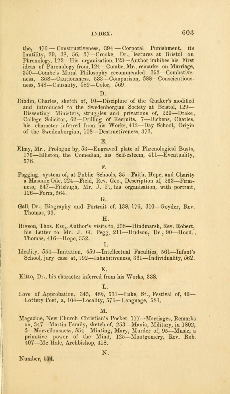 the, 476 — Constructiveness, 394 — Corporal Punishment, its Inutility, 29, 38, 56, 57—Crooke, Dr., lectures at Bristol on Phrenologry, 122—His organisation, 123—Author imbibes his First ideas of Phrenolop;y from, 124—Combe, Mr., remarks on Marriage, 350—Combe's Moral Philosophy recommended, 353—Combative- ues3, 368—Cautiousness, 533—Comparison, 588—Conscientious- ness, 548—Causality, 589—Color, 569. D. Dibdin, Charles, sketch of, 10—Discipline of the Quaker's modified and introduced to the Swedenborgiau Society at Bristol, 129— Dissenting Ministers, struggles and privations of, 229—Drake, College Solicitor, 62—Drilling of Recruits, 7—Dickens, Charles, his character inferred from his Works, 412—Day School, Origin of the Swedenborgiau, 108—Destructiveuess, 373. E. Elmy, Mr., Prologue by, 53—Engraved plate of Phrenological Busts, 176—EUiston, the Comedian, his Self-esteem, 411—Eventuality, 578. F. Fagging, system of, at Public Schools, 35—Faith, Hope, and Charity a Masonic Ode, 224—Field, Rev. Geo., Description of, 263—Firm- ness, 547—Fitzhugh, Mr. J. F., his organisation, with portrait, 126—Form, 564. G. Gall, Dr., Biography and Portrait of, 138, 176, 310—Goyder, Rev. Thomas, 93. H. Higson, Thos. Esq,, Author's visits to, 208—Hindmarsh, Rev. Robert, his Letter to Mr. J. G. Pegg, 211—Hudson, Dr., 90—Hood., Thomas, 416—Hope, 552. I. Ideality, 554—Imitation, 559—Intellectual Faculties, 561—Infant's School, jury case at, 192—Inhabitiveness, 361—Individuality, 562. K. Kitto, Dr., his character inferred from his Works, 338. L. Love of Approbation, 345, 485, 531—Luke, St., Festival of, 49— Lottery Poet, a, 104—Locality, 571—Language, 581. M. Magazine, New Church Christian's Pocket, 177—Marriages, Remarks on, 347—Martin Family, sketch of, 253—Mania, Military, in 1802, 5—Marvellousness, 554—Minting, Mary, Murder of, 95—Music, a primitive power of the Mind, 125—Montgomery, Rev. Rob. 407—Mc Hale, Archbishop, 418. N. Number, 5'3I4.