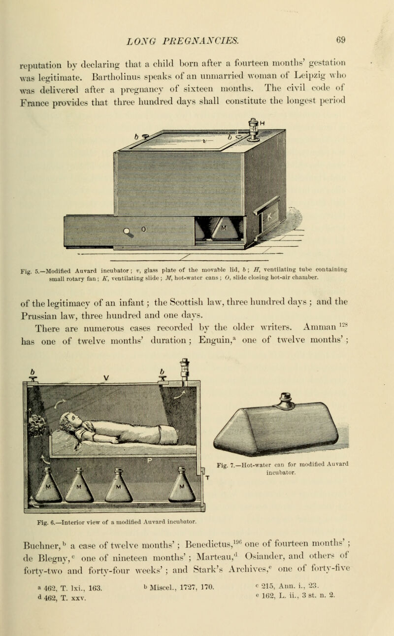 reputation by declaring that a child born after a fourteen months' gestation was legitimate. Bartholinus speaks of an unmarried woman of Leipzig who was delivered after a pregnancy of sixteen months. The civil code of France provides that three hundred days shall constitute the longest period Fig. 5.—Modified Auvard incubator; r, glass plate of the movable lid, 6 ; H, ventilating tube containing small rotary fan ; K, ventilating slide ; M, hot-water cans ; 0, slide closing hot-air chamber. of the legitimacy of an infant; the Scottish law, three hundred days ; and the Prussian law, three hundred and one days. There are numerous cases recorded by the older writers. Amman 128 has one of twelve months' duration; Enguin,a one of twelve months' ; Fig. 7.—Hot-water can for modified Auvard incubator. Fig. 6.—Interior view of a modified Auvard incubator. Buchner,b a case of twelve months' ; Benedictus,196 one of fourteen months' ; de Blegny,c one of nineteen months'; Marteau,a Osiander, and others of forty-two' and forty-four weeks' ; and Stark's Archives,e one of forty-five a 462, T. lxi., 163. d 462, T. xxv. bMiscel., 1727, 170. c 215, Ann. i., 23. e 162, L. ii., 3 st. n. 2.