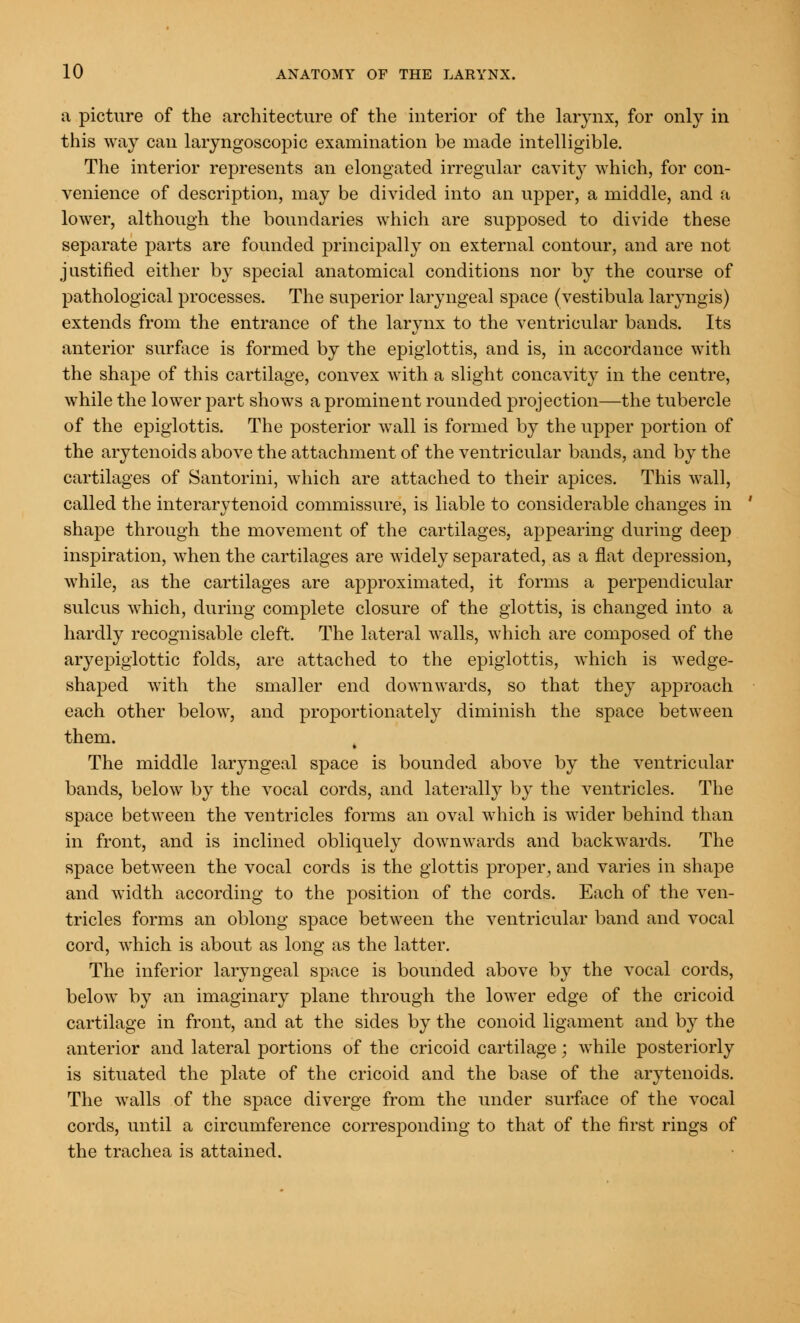 a picture of the architecture of the interior of the larynx, for only in this way can laryngoscopic examination be made intelligible. The interior represents an elongated irregular cavity which, for con- venience of description, may be divided into an upper, a middle, and a lower, although the boundaries which are supposed to divide these separate parts are founded principally on external contour, and are not justified either by special anatomical conditions nor by the course of pathological processes. The superior laryngeal space (vestibula laryngis) extends from the entrance of the larynx to the ventricular bands. Its anterior surface is formed by the epiglottis, and is, in accordance with the shape of this cartilage, convex with a slight concavity in the centre, while the lower part shows a prominent rounded projection—the tubercle of the epiglottis. The posterior wall is formed by the upper portion of the arytenoids above the attachment of the ventricular bands, and by the cartilages of Santorini, which are attached to their apices. This wall, called the interarytenoid commissure, is liable to considerable changes in shape through the movement of the cartilages, appearing during deep inspiration, when the cartilages are widely separated, as a flat depression, while, as the cartilages are approximated, it forms a perpendicular sulcus which, during complete closure of the glottis, is changed into a hardly recognisable cleft. The lateral walls, which are composed of the aryepiglottic folds, are attached to the epiglottis, which is wedge- shaped with the smaller end downwards, so that they approach each other below, and proportionately diminish the space between them. The middle laryngeal space is bounded above by the ventricular bands, below by the vocal cords, and lateralty by the ventricles. The space between the ventricles forms an oval which is wider behind than in front, and is inclined obliquely downwards and backwards. The space between the vocal cords is the glottis proper, and varies in shape and width according to the position of the cords. Each of the ven- tricles forms an oblong space between the ventricular band and vocal cord, which is about as long as the latter. The inferior laryngeal space is bounded above by the vocal cords, below by an imaginary plane through the lower edge of the cricoid cartilage in front, and at the sides by the conoid ligament and by the anterior and lateral portions of the cricoid cartilage; while posteriorly is situated the plate of the cricoid and the base of the arytenoids. The walls of the space diverge from the under surface of the vocal cords, until a circumference corresponding to that of the first rings of the trachea is attained.