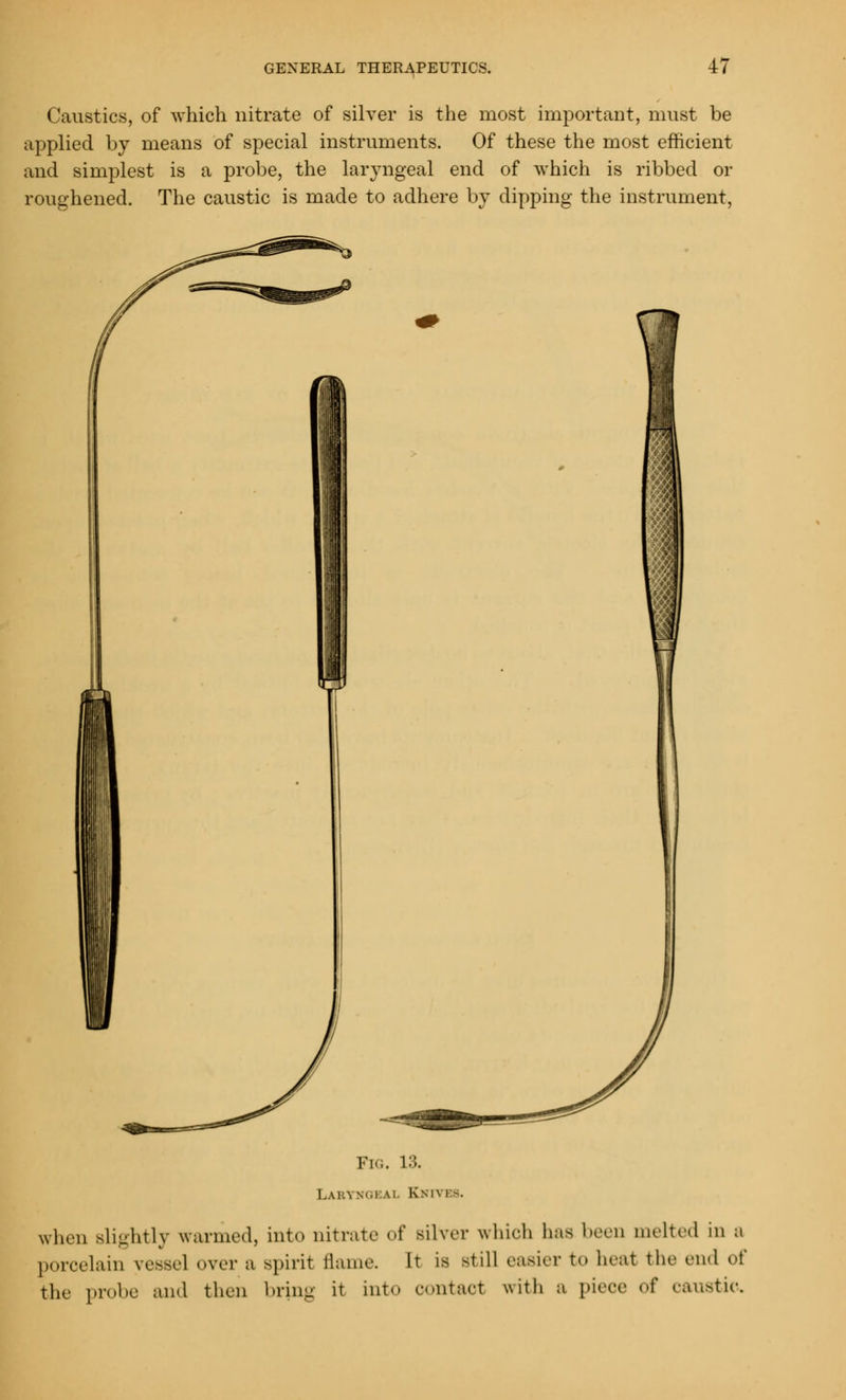 Caustics, of which nitrate of silver is the most important, must be applied by means of special instruments. Of these the most efficient and simplest is a probe, the laryngeal end of which is ribbed or roughened. The caustic is made to adhere by dipping the instrument, Fig. 13. Laryngeal Km\ i b. when slightly farmed, into nitrate of silver which lias been melted in a porcelain vessel over a spirit flame. It is still easier to heat the end of the probe and then bring it into contact with a piece of caustic.