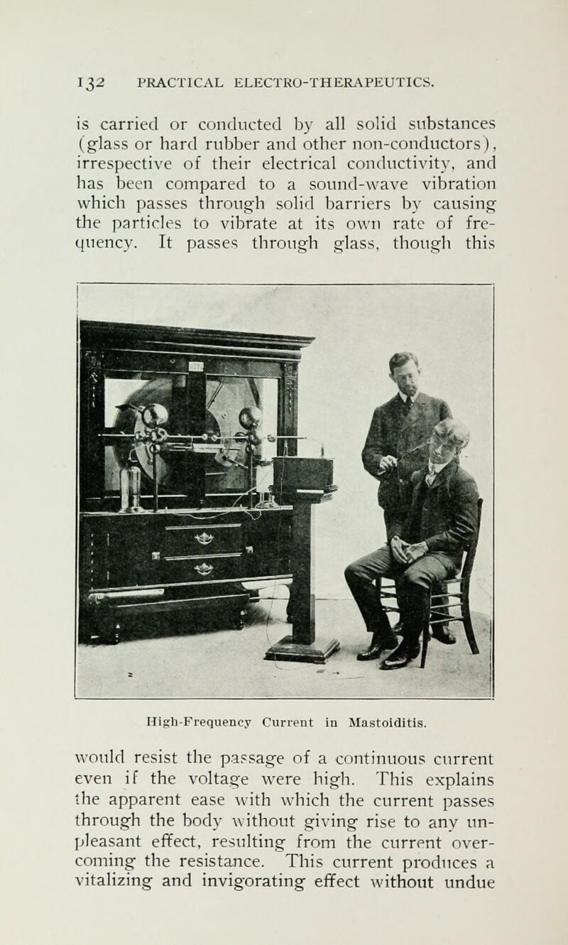 is carried or conducted by all solid substances (glass or hard rubber and other non-conductors), irrespective of their electrical conductivity, and has been coinpared to a sound-wave vibration which passes through solid barriers by causing the particles to vibrate at its own rate of fre- quency. It passes through glass, though this I f ~ u Hi ^ ISS t-jr , i ^g L>^ j 1'■ T ' JH * *' - High-Frequency Current in Mastoiditis. would resist the passage of a continuous current even if the voltage were high. This explains the apparent ease with which the current passes through the body without giving rise to any un- pleasant effect, resulting from the current over- coming the resistance. This current produces a vitalizing and invigorating effect without undue