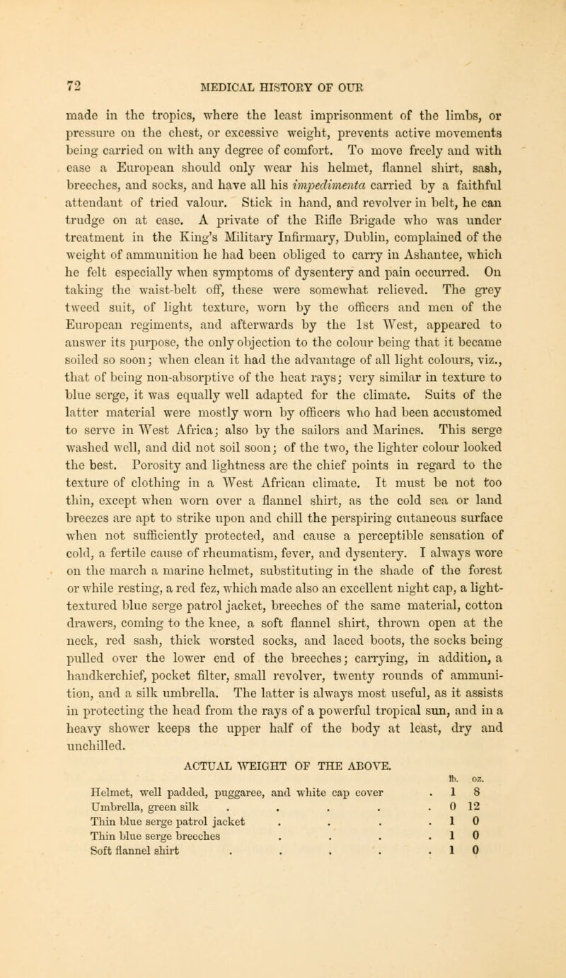 made in the tropics, where the least imprisonment of the limbs, or pressure on the chest, or excessive weight, prevents active movements being carried on with any degree of comfort. To move freely and with case a European should only wear his helmet, flannel shirt, sash, breeches, and socks, and have all his im2:>edimenia carried by a faithful attendant of tried valour. Stick in hand, and revolver in belt, he can trudge on at ease. A private of the Rifle Brigade who was under treatment in the King's Military Infirmaiy, Dublin, complained of the weight of ammunition he had been obliged to carry in Ashantee, which he felt especially when symptoms of dysentery and pain occurred. On taking the waist-belt off, these were somewhat relieved. The grey tweed suit, of light texture, worn by the officers and men of the European regiments, and afterwards by the 1st West, appeared to answer its i:)urpose, the only objection to the colour being that it became soiled so soon; when clean it had the advantage of all light colours, viz., that of being non-absorptive of the heat raysj very similar in textm*e to blue serge, it was equally well adapted for the climate. Suits of the latter material were mostly worn by officers who had been accustomed to serve in West Africa; also by the sailors and Marines. This serge washed well, and did not soil soon; of the two, the lighter colour looked the best. Porosity and lightness are the chief points in regard to the texture of clothing in a West African climate. It must be not too thin, except when worn over a flannel shirt, as the cold sea or land breezes are apt to strike upon and chill the perspiring cutaneous surface when not sufficiently protected, and cause a perceptible sensation of cold, a fertile cause of rheumatism, fever, and dysentery. I always wore on the march a marine helmet, substituting in the shade of the forest or while resting, a red fez, which made also an excellent night cap, a light- textured blue serge patrol jacket, breeches of the same material, cotton drawers, coming to the knee, a soft flannel shirt, thrown open at the neck, red sash, thick worsted socks, and laced boots, the socks being pulled over the lower end of the breeches; carrying, in addition, a handkerchief, pocket filter, small revolver, twenty rounds of ammuni- tion, and a silk umbrella. The latter is always most useful, as it assists in protecting the head from the rays of a powerful tropical sun, and in a heavy shower keeps the upper half of the body at least, dry and unchilled. ACTUAL WEIGHT OF THE ABOVE. Helmet, well padded, puggaree, and wliite cap cover Umbrella, green silk .... Thin blue serge patrol jacket Thin blue serge breeches Soft flannel shirt .... 111. OZ. 1 8 0 12 1 0 1 0 1 0