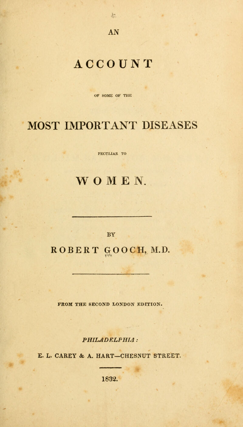 AN ACCOUNT OF SOME OF THE MOST IMPORTANT DISEASES PECULIAR TO W O M E N. BY ROBERT GOOCH,. M.D. FKOM THE SECOND LONDON EDITION. PHILADELPHIA : E. L. CAREY & A. HART—CHESNUT STREET. 1832.