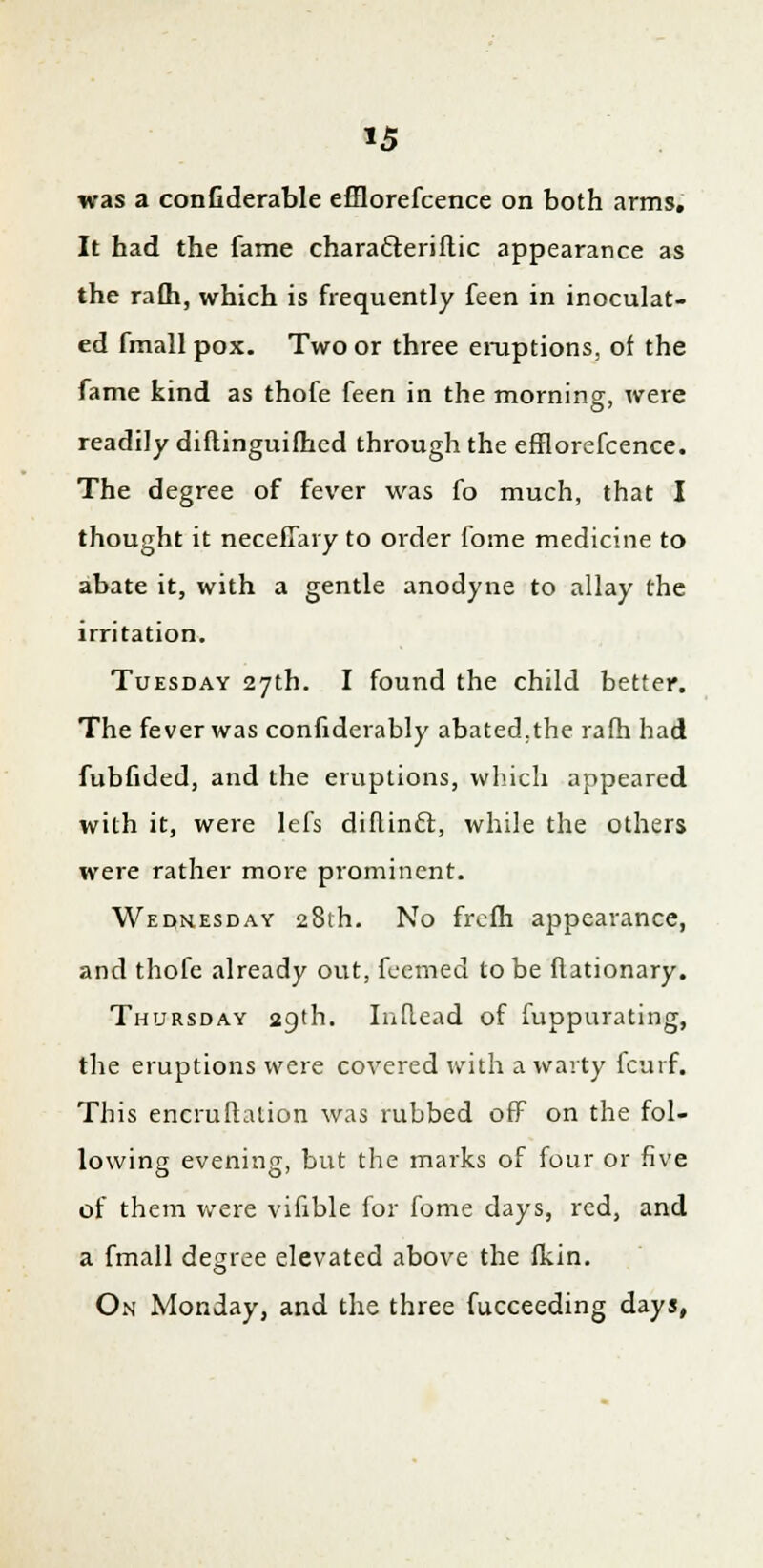 *5 was a conGderable efflorefcence on both arms. It had the fame charafteriflic appearance as the rath, which is frequently feen in inoculat- ed fmall pox. Two or three eruptions, of the fame kind as thofe feen in the morning, were readily diftinguifhed through the efflorefcence. The degree of fever was fo much, that I thought it neceflary to order fome medicine to abate it, with a gentle anodyne to allay the irritation. Tuesday 27th. I found the child better. The fever was confiderably abated,the rafh had fubfided, and the eruptions, which appeared with it, were lefs diftincT:, while the others were rather more prominent. Wednesday 28th. No frolh appearance, and thofe already out, fcemed to be (lationary. Thursday 29th. InHead of fuppurating, the eruptions were covered with a warty fcurf. This encrufhuion was rubbed off on the fol- lowing evening, but the marks of four or five of them were vifible for fome days, red, and a fmall degree elevated above the flcin. On Monday, and the three fucceeding days,