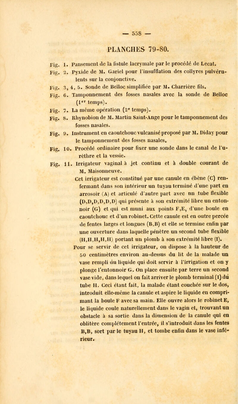 PLANCHES 79-80. Fig. i. Pansement de la fistule lacrymale par le procédé de Lecat. Fig. 2. Pyxide de M. Gariel pour l'insufflation des collyres pulvéru- lents sur la conjonctive. Fig. 3, 4, 5. Sonde de Belloc simplifiée par M. Charrière fils. Fig. 6. Tamponnement des fosses nasales avec la sonde de Belloc (1er temps). Fig. 7. La même opération (2e temps). Fig. 8. Rhynobion de M. Martin Saint-Ange pour le tamponnement des fosses nasales. Fig. 9. Instrument en caoutchouc vulcanisé proposé par M. Diday pour le tamponnement des fosses nasales. Fig. 10. Procédé ordinaire pour fixer une sonde dans le canal de l'u- rèthre et la vessie. Fig. 11. Irrigateur vaginal à jet continu et à double courant de M. Maisonneuve. Cet irrigateur est constitué par une canule en ébène (C) ren- fermant dans son intérieur un tuyau terminé d'une part en arrosoir (A) et articulé d'autre part avec nn tube flexible (D,D,D,D,D,D) qui présente à son extrémité libre un enton- noir (G) et qui est muni aux points F,E, d'une boule en caoutchouc et d'un robinet. Cette canule est en outre percée de fentes larges et longues (B,B) et elle se termine enfin par une ouverture dans laquelle pénètre un second tube flexible (H,H,H,H,H) portant un plomb à son extrémité libre (I). Pour se servir de cet irrigateur, on dispose à la hauteur de 50 centimètres environ au-dessus du lit de la malade un vase rempli du liquide qui doit servir à l'irrigation et on y plonge l'entonnoir G. On place ensuite par terre un second vase vide, dans lequel on fait arriver le plomb terminal (I) dii tube H. Ceci étant fait, la malade étant couchée sur le dos, introduit elle-même la canule et aspire le liquide en compri- mant la boule F avec sa main. Elle ouvre alors le robinet E, le liquide coule naturellement dans le vagin et, trouvant un obstacle à sa sortie dans la dimension de la canule qui en oblitère complètement l'entrée, il s'introduit dans les fentes B,B, sort par le tuyau H, et tombe enfin dans le vase infé- rieur.