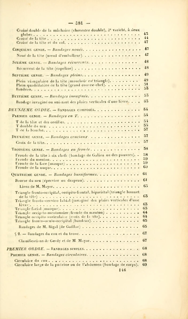 Croisé double de la mâchoire (choveslro double), 1' variété, à deux globes 43 Croise' de la tête 4» Croise de la (Ole el du col 47 Cinquième genre. — Bandages noues 47 Noué de la tèle (noeud d'emballeur) 47 .Sixième genre. — Bandages récurrents 48 Itécui iciil de la tête (capeline) 48 Septième genre. - Bandages pleins 49 Plein triangulaire delà tôle (mouchoir en* triangle) 49 Plein quadrilatère de la tôle (grand couvre-chef) 31 Bandeau ^3 Huitième genre. — Bandages invaginês J Bandage inraginé ou unissant des plaies verticales d'une lèvre. ... 83 DEUXIEME ORDRE. — Bandages composés 6i Premier genre. — Bandages en T. S4 T de la tèle cl des oreilles j»4 T double ilo nez ■!■* T île la bouche • *™ Deuxième genre. — Bandages cruciaux-  Croix de la tèle 57 Troisième genre. — Bandages en fronde 38 Fronde de la tète à six chefs (bandage de Galieu ou des pauvres). . 58 ri onde du menton °9 Fronde de la face (masque) '»9 Fronde de la nuque 6d Quatrième cenre. — Bandages bursiformes 61 Bourse du nei (épervier ou drapeau) 61 Liens de M. Ma y or 67> Triangle fronto-ocripital, occipito-fronlal, bi pariétal (triangle bonnet de la lèt--) 63 Triangle frouto-cervico labial (invaginé des plaies verticales d'une lèvre 63 Triangle facial [masque 63 Tiianglc occipilo-meutonniertfronde du meuton) 64 Triangle occipilu-auriculaiiu (ci oit de la lèle) 6t Triangle fronto-oculo-occipital (buudeau) 65 Bandages de M. Rigal (de Gaillac) 65 5 2. — bandages du cou et du tronc 67 Classifications de Geidy cl de M Mayor 67 PREMIER ORDRE. — Bandages simples . 68 Premier genre. — Bandages circulaires 68 Circulaire du cou 68 Circulaire large de la jioitrine ou de l'abdomen (bandage de corps). 69 146