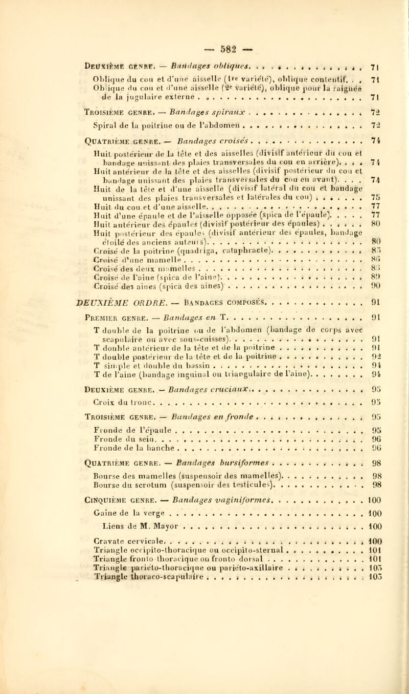 Deuxième GENRE. — Bandages obliques. , . , t , 71 Olilique du cou et d'une aisselle (|rc variété), oblique conlcntif. . . 71 Oblique du cou et d'une aisselle ('2e variété), oblique iiour lu faiguée de In jugulaire externe . „ 71 Troisième genbe, — Bandages spiraux 72 Spiral de la poitrine ou de l'abdomen 7- Quatrième genre. — Bandages croisés 74 Huit postérieur de la tête et des aisselles (divisif unléïicux du cou et bandage unissant des plaies transversales du cou en arrière). . , . 7 4 Huit antérieur de la tète et des aisselles (divisif postérieur du cou et bandage unissant des plaies transversales du cou en avant). ... 74 Huit de la têle et d'une aisselle (divisif latéral du cou cl. bandage unissant des plaies transversales et latérales du cou) 75 Huit du cou et d'une aisselle 77 Huit d'une épaule et de l'aisselle opposée (spica de l'épaule) 77 Huit antérieur des épaules (divisif postérieur des épaules) 80 Huit postérieur des épaule; (divisif antérieur des épaules, bandage étoile des anciens auteuis) 81) Croisé de la poitrine (quadriga, cataphracte) 8> Croisé d'une mamelle 80 Croisé des deux mamelles 8U Croisé de l'aine [spica de l'aine) 8!* Croisé des aines (spica des aines) 90 DEUXIÈME ORDRE. — Bandages composés 91 Premier genre. — Bandages en T 01 T double de la poitrine ou de l'abdomen (bandage de corps avec scapulaire ou avec sous-enisscs) 91 T double antérieur de la tète et de la poitrine 91 T double postérieur de la tète et de la poitrine 92 T simple el double du bassin 94 T de l'aine (bandage inguinal ou triangulaire de l'aine) 94 Deuxième genre. — Bandages cruciaux 9.'j Croix du tronc. 9!> Troisième genre. — Bandages en fronde 95 Fi onde de l'épaule 95 Fronde du sein 9G Fronde de la hanche 90 Quatrième genre. — Bandages bursiformes 98 Bourse des mamelles (suspensoir des mamelles) 98 Bourse du scrotum (suspensoir des testicules) 98 Cinquième genre. — Bandages vaginiformes 100 Gaine de la verge 100 Liens de M. Mayor 100 Cravate cervicale , , 100 Triangle ocripito-lhoracique ou occipito-sternal 101 Triangle fronlo thoracique ou fronto dorsal 101 Triangle paiieto-tliorncique ou pariéto-axillaire 10> Triangle thoraco-scapulaire 10ô
