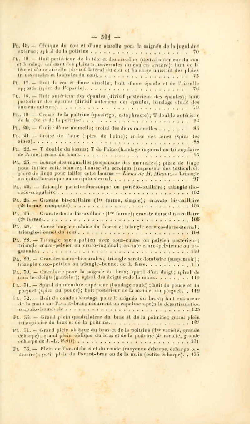 Pt,. I.'i. - Ofllrflifl ilu (Mu et d'une aisselle pour la Suigtifie de lu |ugulalre externe; Spiral île la poitrine 70 II,. Kl. — linii postérieur do la léte et îles aisselles (difisif antérieur .lu cou ci bandage unissant d»s plaies transversales du cnu en urrierr); huit rie In laie et d'une aisselle [divisif lule'ral du cou ri bandage unissant des pi li.-s ii n»vi i»..li'- ul h.teiale» ilu ion) 7;; Pi. 17. - Huit du cou ei d'un.- aisselle; huit d'une épaule il de l'..is-elle opposée (spica de l'épaule) 7ii ri, Ht. - Uni! iiulc'ricur des épaules (divislf postérieur des épaules); hirlt postérieur des épaules (divisif antc'ricur des épaules, bandage étoile- des anciens auteurs o l't.. I!» — Croisé île l.i poitrine ((juadriga, culanljraqte); f double pnférjeir de la tète <i de la poitrine gj l'i.. '20.— Cioîsé d'une mamelle; croise des deux mamelles 13 Pi.. '21 — (mise We l'aine (spica de l'aine); misé des aines (spica des anies) SS l'I. %-), — T doubla du liassin; T do l'aine (bandage inguinal ou ti iaiigul.in C de l'aine ; croix du trune \t~, 1*1-- *i5. — liuurse (les mamelles (suspensuir des mamelle. ; pici e de linge pour lailc:i cette bourse; bouise ilu scrotum (suspensoir des lesticulis). I n ee de linge pour tailler celle liourse — Liens c/e M. Mtiyor.— Triangle m • initu-tliuracupie un uci ipilostei mil 07 l'I.. §t, — Tiiaiigle parii lo-lhoraciipie ou parieto-axillair g ; Il iangle llm- raco-scapulaire 102 l'I.. H). — Ciavalu bis-axillaire (lre forme, simple); cravate bis-axillaire {2* forme, composée) loi I1!.. '2(5. — Cravale dorso bis-axillaire (l,e forme); cravate dorso-his-axillaire (ic hume; Khj l'I.. '27. — (aire long i in ulaire du thorax et triangle cei vico-dorsoslernal ; h iangie-l onnel du sein 108 Pt.. 28.—Ti iangle sacro-pubien avec sous-cuisse ou pelvien postérieur; triangle cruru-pelvieu OU cruro-inguinal ; cravate cruro-pelvienne ou in- guinale 1 1(1 l'I.. 39. — (ravales sacro-bicruralcs ; triangle scroto-lombairc (suspensuir) ; li iangle co\o-peU ieu ou triangle-bon net de la fesse I.r> Pi.. 50. — Circulaire pour la saignée du bras; spiral d'un doigt; spiral de tous les doigts (gantelet); spiial des doigts et de la main t 10 II.. 51. n Spiral du membre supérieur (bandage roule) ; huit du pouce et du poignet [spica du pouce); huit postérieur de la main et du poignet, . H9 I !.. Ô-2. — Huit du coude (bandage pour la saignée du bras); huit extenseur de la main sur l'..( ai:t-bras ; lecurrmt ou capeline après la désarticulation siapulo-huuieiale 125 PL. 55 — Grand | lei* rptadiilatcre du bras et de la poitrine; grand plein li ijiigulaire du bias et de la poitrine ... 127 Pt. 5t. — Grand plein oblique du bras et de la poitrine (lre variété, grande dcllari e) . grand plein oblique du bras et de la poitrine ('2e variété, grande echarpe de J.-L. Petit) I3| Pi. 5j. — Plein de l'avant-brns et du coude (moyenne echarpe,echarpe or- dinaire); petit plein de l'avant-bras ou de la main (petite echarpe). . 155