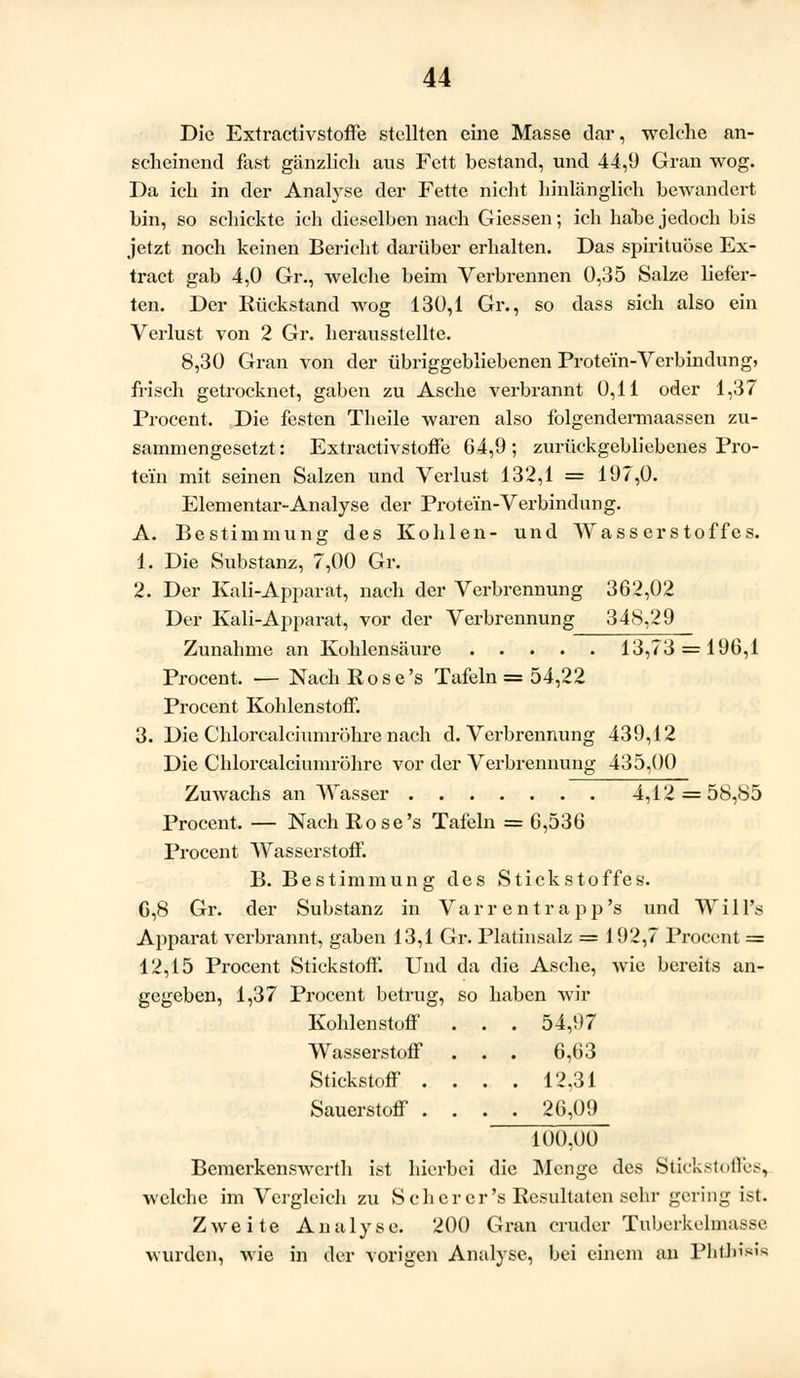 Die Extractivstoffe stellten eine Masse dar, welche an- scheinend fast gänzlich aus Fett bestand, und 44,9 Gran wog. Da ich in der Analyse der Fette nicht hinlänglich bewandert bin, so schickte ich dieselben nach Giessen; ich habe jedoch bis jetzt noch keinen Bericht darüber erhalten. Das spirituöse Ex- tract gab 4,0 Gr., welche beim Verbrennen 0,35 Salze liefer- ten. Der Rückstand wog 130,1 Gr., so dass sich also ein Verlust von 2 Gr. herausstellte. 8,30 Gran von der übriggebliebenen Protein-Verbindung, frisch getrocknet, gaben zu Asche verbrannt 0,11 oder 1,37 Procent. Die festen Theile waren also folgendermaassen zu- sammengesetzt: Extractivstoffe 64,9; zurückgebliebenes Pro- tein mit seinen Salzen und Verlust 132,1 = 197,0. Elementar-Analyse der Protein-Verbindung. A. Bestimmung des Kohlen- und Wasserstoffes. 1. Die Substanz, 7,00 Gr. 2. Der Kali-Apparat, nach der Verbrennung 362,02 Der Kali-Apparat, vor der Verbrennung 348,29 Zunahme an Kohlensäure 13,73 = 196,1 Procent. — Nach Rose's Tafeln = 54,22 Procent Kohlenstoff. 3. Die Chlorcalciumröhre nach d. Verbrennung 439,12 Die Chlorcalciumröhre vor der Verbrennung 435,00 Zuwachs an Wasser 4,12 = 58,85 Procent. — Nach Rose's Tafeln =6,536 Procent Wasserstoff. B. Bestimmung des Stickstoffes. 6,8 Gr. der Substanz in Var r e ntr a pp's und Will's Apparat verbrannt, gaben 13,1 Gr. Platinsalz = 192,7 Procent = 12,15 Procent Stickstoff'. Und da die Asche, wie bereits an- gegeben, 1,37 Procent betrug, so haben wir Kohlenstoff . . 54,97 Wasserstoff . . 6,63 Stickstoff . . . . 12,31 Sauerstoff . . . . 26,09 100,00 Bemerkenswerth ist hierbei die Menge des Stickstoffes, welche im Vergleich zu Scher er's Resultaten sehr gering ist. Zweite Analyse. 200 Gran cruder Tuberkelmasse wurden, wie in der vorigen Analyse, bei einem an Phtbwifl
