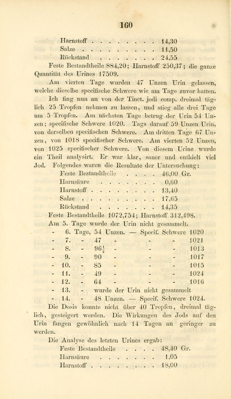 Harnstoff 14,30 Salze 11,50 Rückstand 24,55 Feste Bestandteile 884,20; Harnstoff 250,37; die ganze Quantität des Urines 17509. Am vierten Tage wurden 47 Unzen Urin gelassen, •welche dieselbe specifische Schwere wie am Tage zuvor hatten. Ich fing nun an von der Tinct. jodi comp, dreimal täg- lich 25 Tropfen nehmen zu lassen, und stieg alle drei Tage um 5 Tropfen. Am nächsten Tage betrug der Urin 54 Un- zen; specifische Schwere 1020. Tags darauf 59 Unzen Urin, von derselben specifischen Schwere. Am dritten Tage 67 Un- zen, von 1018 specitischer Schwere. Am vierten 52 Unzen, von 1025 specitischer Schwere. Von diesem Urine wurde ein Theil analysirt. Er war klar, sauer und enthielt viel Jod. Folgendes waren die Resultate der Untersuchung: Feste Bestandteile .... 46,00 Gr. Harnsäure 0,60 Harnstoff 13,40 Salze 17,65 Rückstand 14,35 Feste Bestandtheile 1072,754; Harnstoff 312,498. Am 5. Tage wurde der Urin nicht gesammelt. - 6. Tage, 54 Unzen. — Specif. Schwere 1020 - 7. - 47 - - - 1021 - 8. - 96* - - - 1013 - 9. - 90 - - - 1017 - 10. - 85 - - 1015 - 11. - 49 - - - 1024 - 12. - 64 - - - 1016 13. - wurde der Urin nicht gesammelt - 14. - 48 Unzen. — Specif. Schwere 1024. Die Dosis konnte nicht über 40 Tropfen, dreimal täg- lich, gesteigert werden. Die Wirkungen des Jods auf den Urin fangen gewöhnlich nach 14 Tagen an geringer zu werden. Die Analyse des letzten Urines ergab: Feste Bestandtheile .... 48,40 Gr. Harnsäure 1,05 Harnstoff 18,00