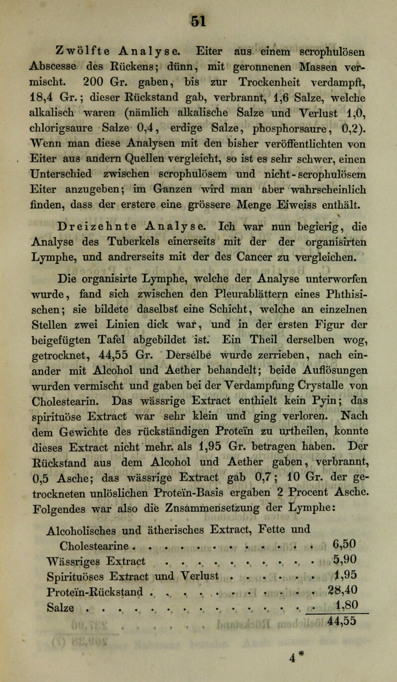 Zwölfte Analyse. Eiter aus einem scrophulösen Abscesse des Rückens; dünn, mit geronnenen Massen ver- mischt. 200 Gr. gaben, bis zur Trockenheit verdampft, 18,4 Gr.; dieser Rückstand gab, verbrannt, 1,6 Salze, welche alkalisch waren (nämlich alkalische Salze und Verlust 1,0, chlorigsaure Salze 0,4, erdige Salze, phosphorsaure, 0,2). Wenn man diese Analysen mit den bisher veröffentlichten von Eiter aus andern Quellen vergleicht, so ist es sehr schwer, einen Unterschied zwischen scrophulösem und nicht-scrophulösem Eiter anzugeben; im Ganzen wird man aber wahrscheinlich finden, dass der erstere eine grössere Menge Eiweiss enthält. Dreizehnte Analyse. Ich war nun begierig, die Analyse des Tuberkels einerseits mit der der organisirten Lymphe, und andrerseits mit der des Cancer zu vergleichen. Die organisirte Lymphe, welche der Analyse unterworfen wurde, fand sich zwischen den Pleurablättern eines Phthisi- schen; sie bildete daselbst eine Schicht, welche an einzelnen Stellen zwei Linien dick war, und in der ersten Figur der beigefügten Tafel abgebildet ist. Ein Theil derselben wog, getrocknet, 44,55 Gr. Derselbe wurde zerrieben, nach ein- ander mit Alcohol und Aether behandelt; beide Auflösungen wurden vermischt und gaben bei der Verdampfung Crystalle von Cholestearin. Das wässrige Extract enthielt kein Pyin; das spirituöse Extract war sehr klein und ging verloren. Nach dem Gewichte des rückständigen Protein zu urtheilen, konnte dieses Extract nicht mehr, als 1,95 Gr. betragen haben. Der Rückstand aus dem Alcohol und Aether gaben, verbrannt, 0,5 Asche; das wässrige Extract gab 0,7; 10 Gr. der ge- trockneten unlöslichen Protein-Basis ergaben 2 Procent Asche. Folgendes war also die Znsammensetzung der Lymphe: Alcoholisches und ätherisches Extract, Fette und Cholestearine G-,50 Wässriges Extract . . . ... . . • ■ 5,90 Spirituöses Extract und Verlust 1,95 Protein-Rückstand . , . .. 28,40 Salze •. • • • 1£0 44,55 4*