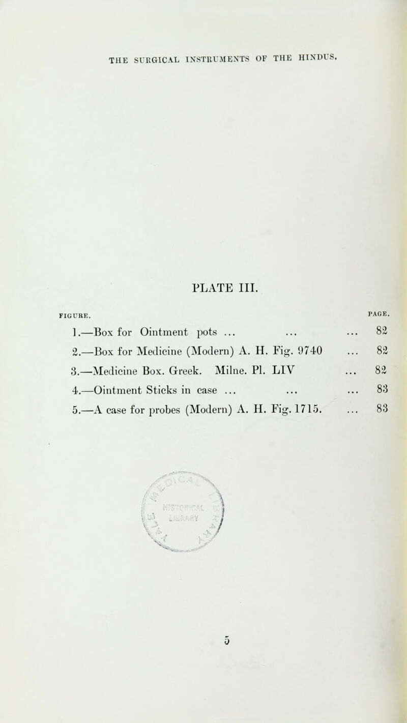 PLATE III. GDRE. PAGE. ].—Box for Ointment pots ... ... ... 82 2.—Box for Medicine (Modern) A. H. Fi^. !J740 ... 83 3.—Medicine Box. Greek. Milne. PL LIV ... 82 4.—Ointment Sticks in case ... ... ... 83 5.—A case for probes (Modern) A. H. Fig. 1715. ... 83