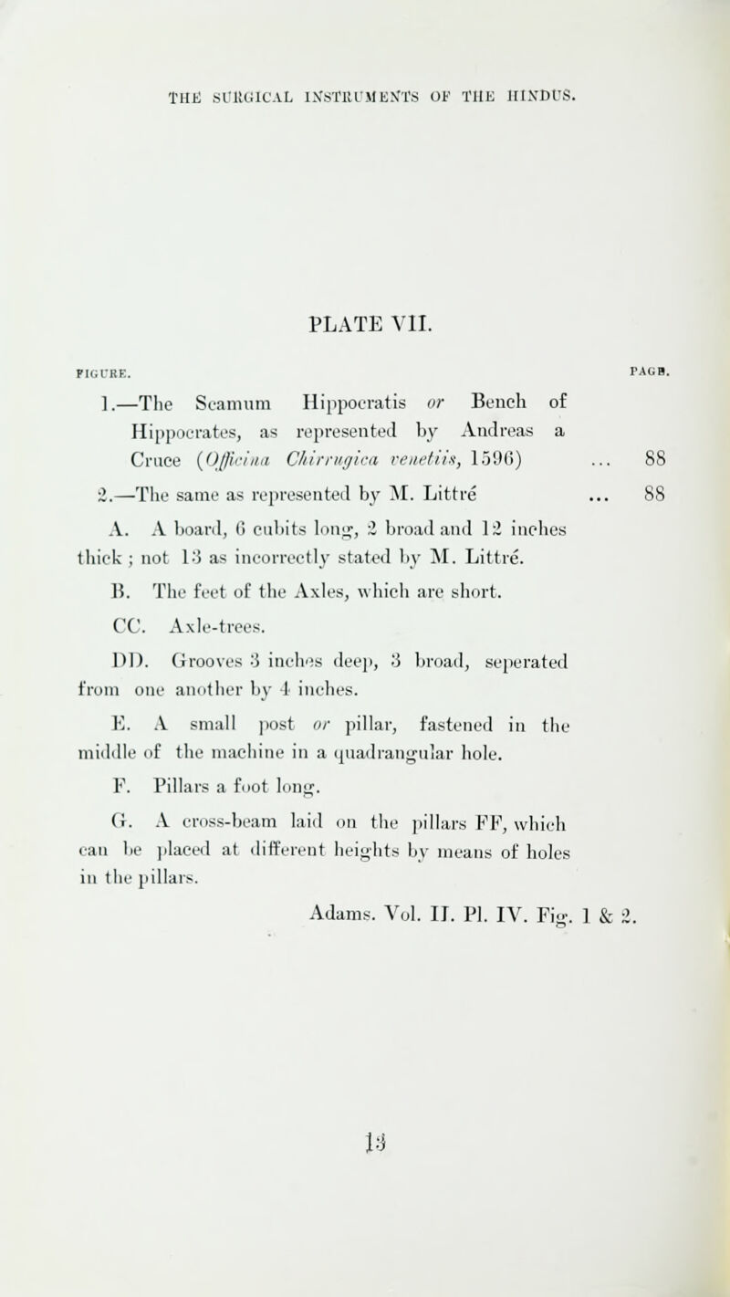 PLATE VII. pk;i-re. I'agb. ].—The Scannim Hippocratis or Bench of HippourateSj as represented by Andreas a Cruce (Oj/i'-iiiii Chirrugiaa venefiia, 1596) ... 88 2.—^The same as rejiresented by M. Littre ... 88 A. A board, 6 cubits lonjjf, 2 broad and 12 inches thick ; not l-'3 as incorrectly stated by M. Littre. 15. The feet of the Axles, which are sliort. CO. Axle-trees. Dl). Grooves •■] inches deep, ^3 broad, seperated from one annther by 1 inches. ]•]. .\. small post or pillar, fastened in the miildle of the machine in a quadranjjular hole. F. Pillars a foot l(ln^^ G. A cross-beam laid on the i)illars FF, which can be jilaced at different heights by means of holes in the pillars. Adams. Vol. II. PI. IV. Fi<.-. 1 & 2. U