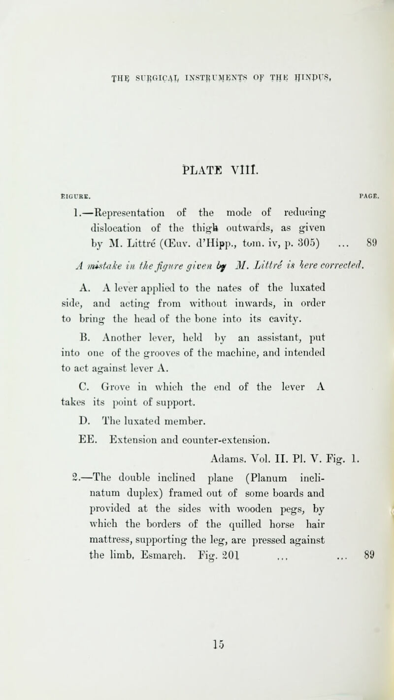 THIJ SURGIC.^I, INSTJiUMENTS Of TlIK IflNpr^!, PLATE Vni. ElGl'RE. rAGE. 1.—Representation of the mode of reducing dislocation of the thi}j;b outwards, as given by :\I. Littre' ((Euv. d'Hipp., toni. iv, p. 305) ... 89 J irmUike in. the Jiyiire given bjf M. Litlre li here correded. A. A lever applietl to the nates of the luxated side, and acting from without inwards, in order to bring the head of the bone into its cavity. B. Another lever, held by an assistant, put into one of the grooves of the machine, and intended to act against lever A. C. Grove in which the end of the lever A takes its point of support. D. The luxated member. EE. Extension and counter-extension. Adams. Vol. II. PI. V. Fig. 1. 2.—The double inclined plane (Planum ineli- natum duplex) framed out of some boards and provided at the sides with wooden pegs, by which the borders of the quilled horse hair mattress, supporting the leg, are pressed against the hmb, Esmarch. Fig. 301 ... ... 89