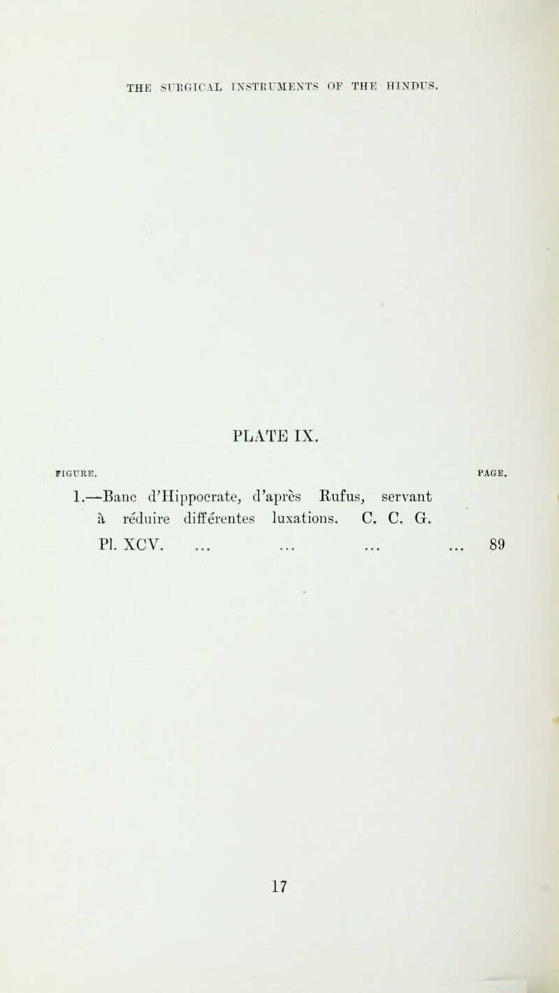 PLATE IX. 1.—Banc d'Hippocrate, d'apres Rufus, servant k reduire differentes luxations. C. C. G. PI. XCV. ... ... ... ... 89 17