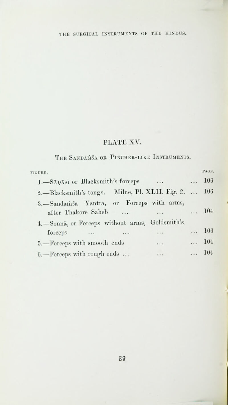 PLATE XV. The Saxdamsa or Pixcher-like Instruments. FIGURE. PAGE. 1.—Satiasi or Blacksmith's forceps ... ... 106 2.—Blacksmith's tongs. Milne, PI. XLII. Pig. 2. ... lOG 3.—Sandaiiisa Yantra, or Forceps with arms, after Thakore Saheb ... ... ... lOf. 4.—Sonna, or Forceps without arms, Goldsmith's forceps 5.—Forceps with smooth ends 6.—Forceps with rough ends ... 100 104 104 29