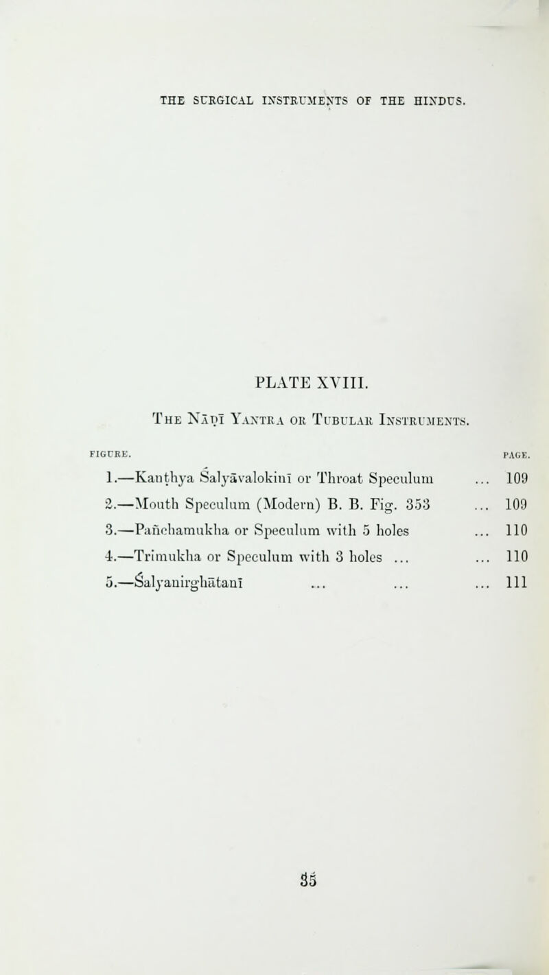 PLATE XVIII. The Nlm Yaxtra or Tibulau Instrljients. GURE. 1.—Kauthya Salyavalokini or Throat Speculum 3.—Mouth Spceidum (Modern) B. B. Fig. 353 3.—Pafiohamukha or Speculum with 5 holes 4.—Trimukha or Speculum with 3 holes ... 5.—Salyauirghatanl PACiE. 109 109 110 110 111