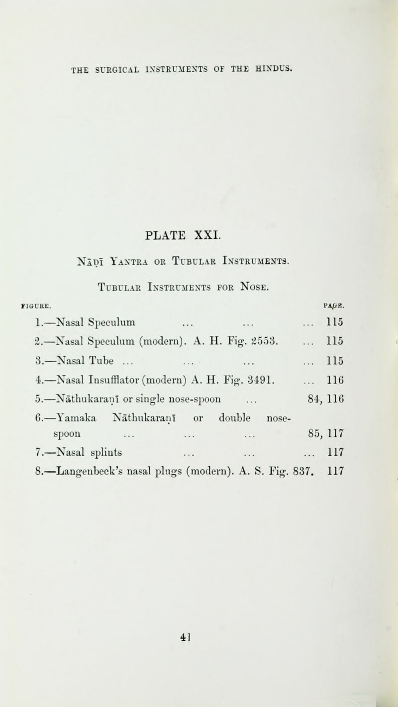 PLATE XXI. Nim Yaxtra or Tubular Instruments. Tubular Instruments for Nose. flQCRE. 1.—Nasal Speculum 2.—Nasal Speculum (modern). A. H. Fig. 25.53. 3.—Nasal Tube ... 4.—Nasal Insufflator (modern) A. H. Fig. 3491. 0.—Nsthukaraiu or single nose-sjwon 6.—Yamaka Natliukaraiii or double nose- spoon 7.—Nasal splints 8.—Langenbeek's nasal plugs (modern). A. S. Fig. 837. 117 PA,GK. 115 115 115 IIG 84 , 110 85 ,117 117 41
